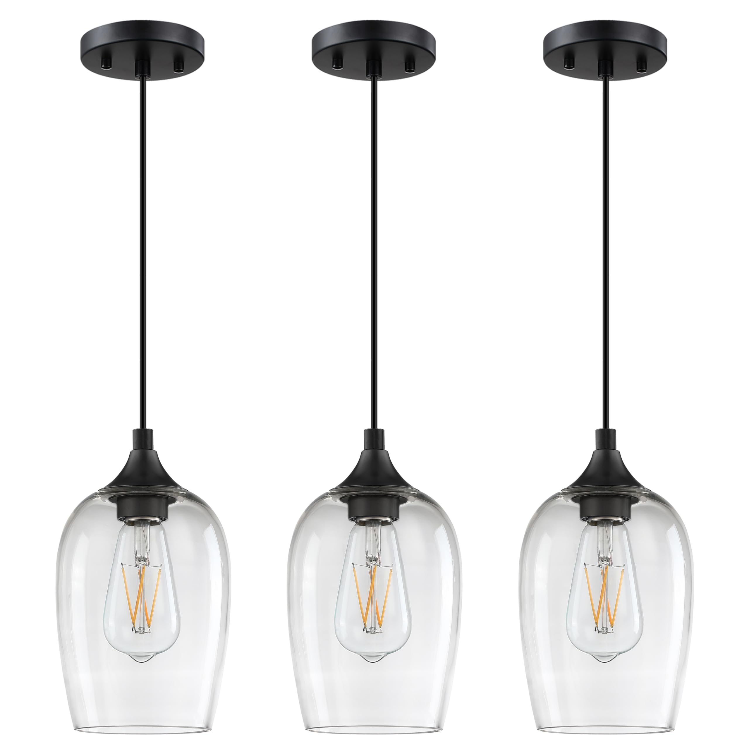 Photo 1 of 1 Light Hanging Indoor Kitchen Island Pendant Light 5.3" Glass Pendant Ceiling Light Fixtures Black Finish Farmhouse Dinning Room Over Sink Bedroom Bedside (Clear GLass, 3 Pack) 3 Pack 1 Light Clear GLass