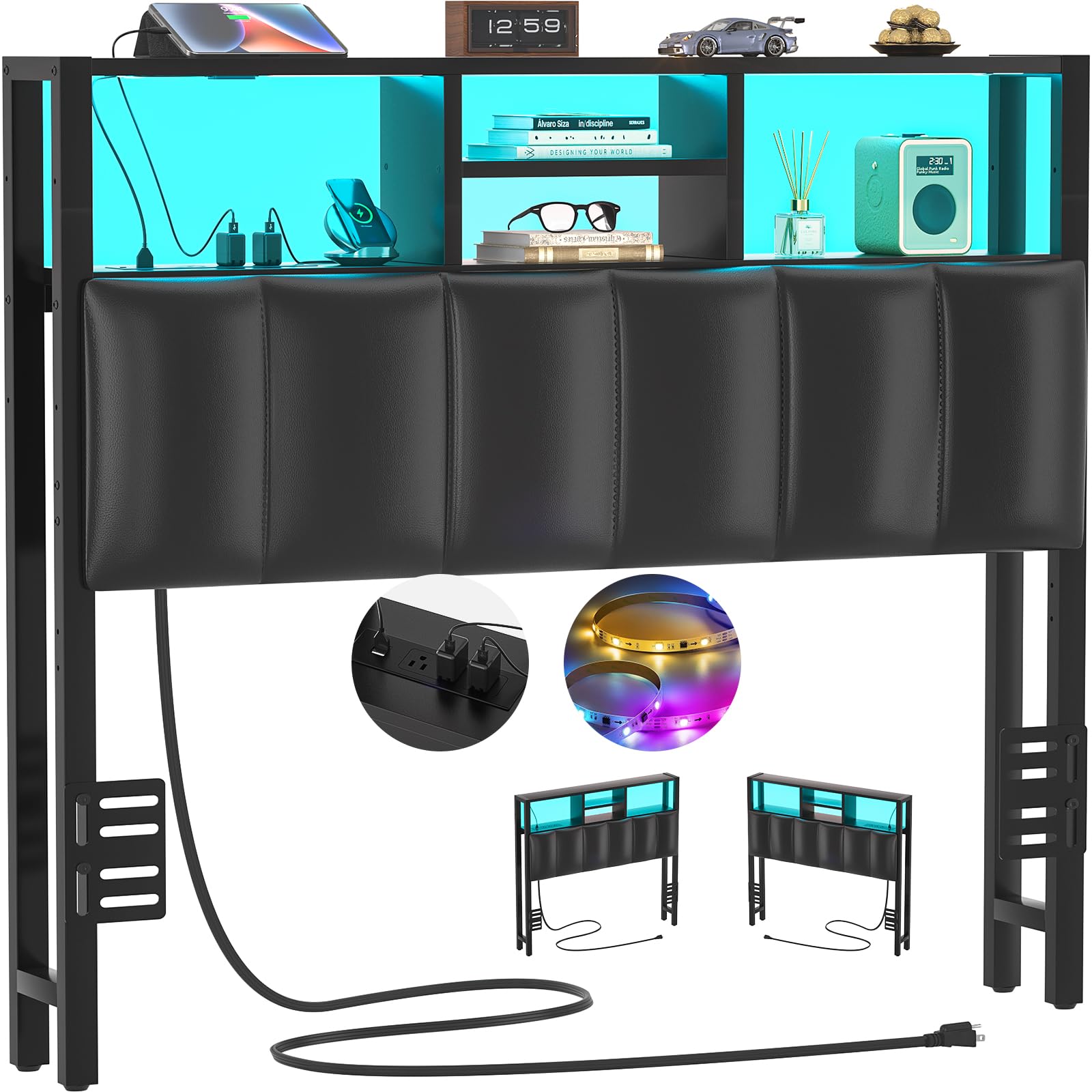 Aheaplus Headboard for Twin Size Bed with Storage, Upholstered Headboards with Outlets, USB Ports and LED Light, Reversible Twin Size Head Board,