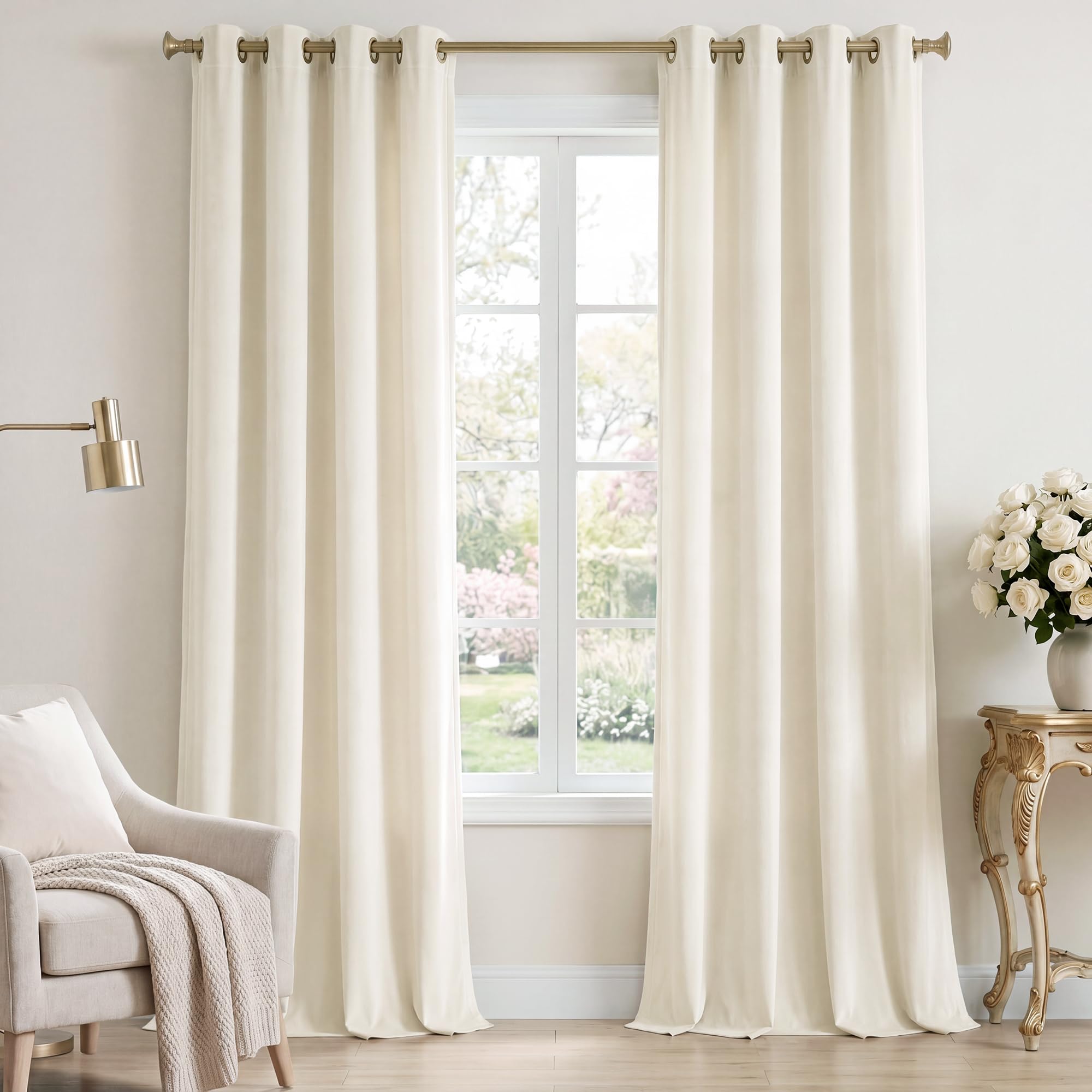 StangH Cream White Velvet Drapes - Half Blackout Extra Long Curtains for Sliding Door Thick Texture 100% Privacy Grommet Curtains for Den Hotel Hospital Room Divider Used, Ivory, W52 x L108, 2 Panels — image 1