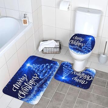 Bath Mat Merry Christmas Blue Snow Tree for Bathroom Rugs Sets 3 Piece Shower Mats Memory Foam Non Slip Toilet Tub Floor Rug Soft Thick Light Luxury Absorbent Washable for Home Hotel Decor