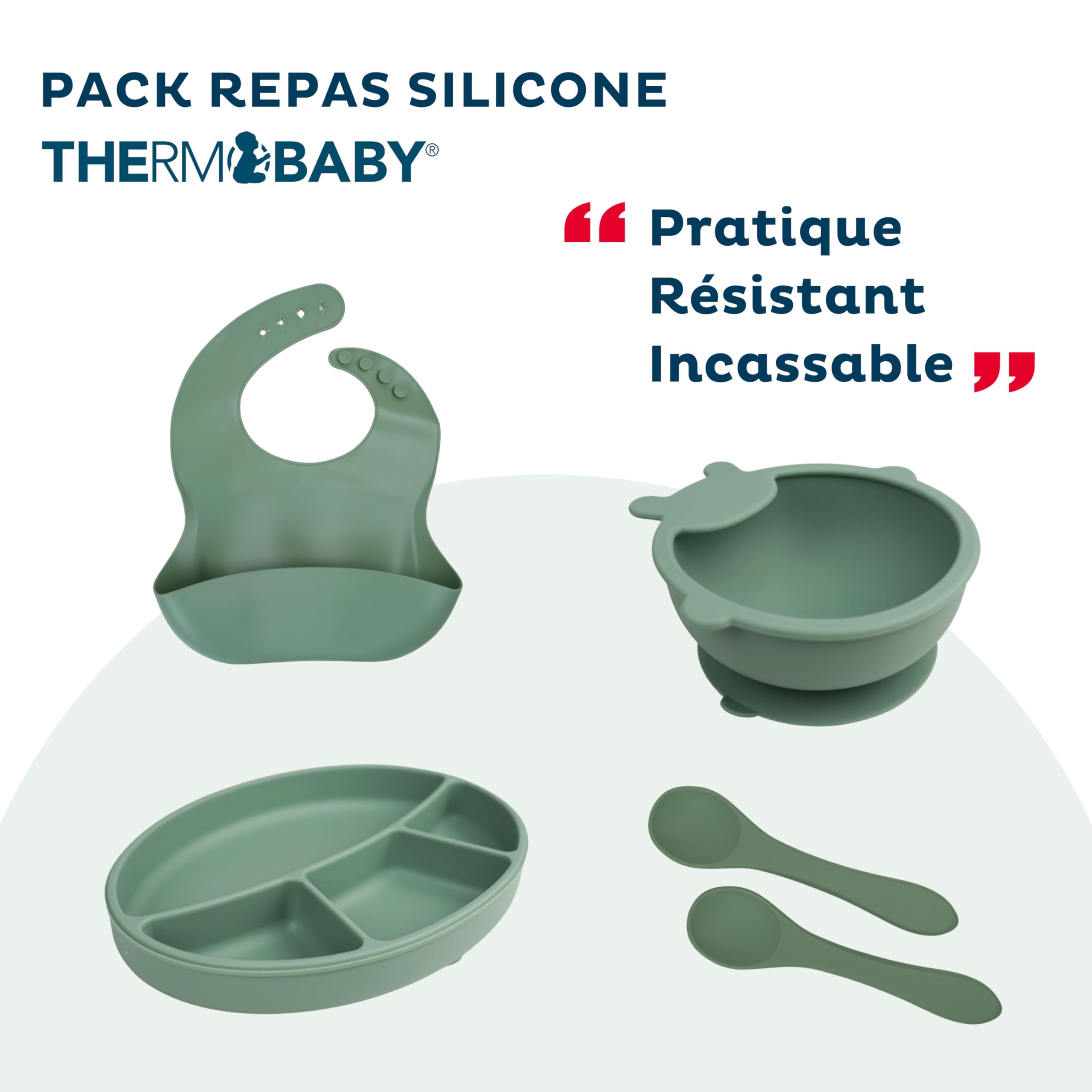 THERMOBABY - Baby-Mahlzeiten-Set aus Silikon – Teller, Schüssel, Lätzchen, rutschfeste Löffel – komplettes und praktisches Set für die ersten Mahlzeiten des Babys – Kaktusgrün