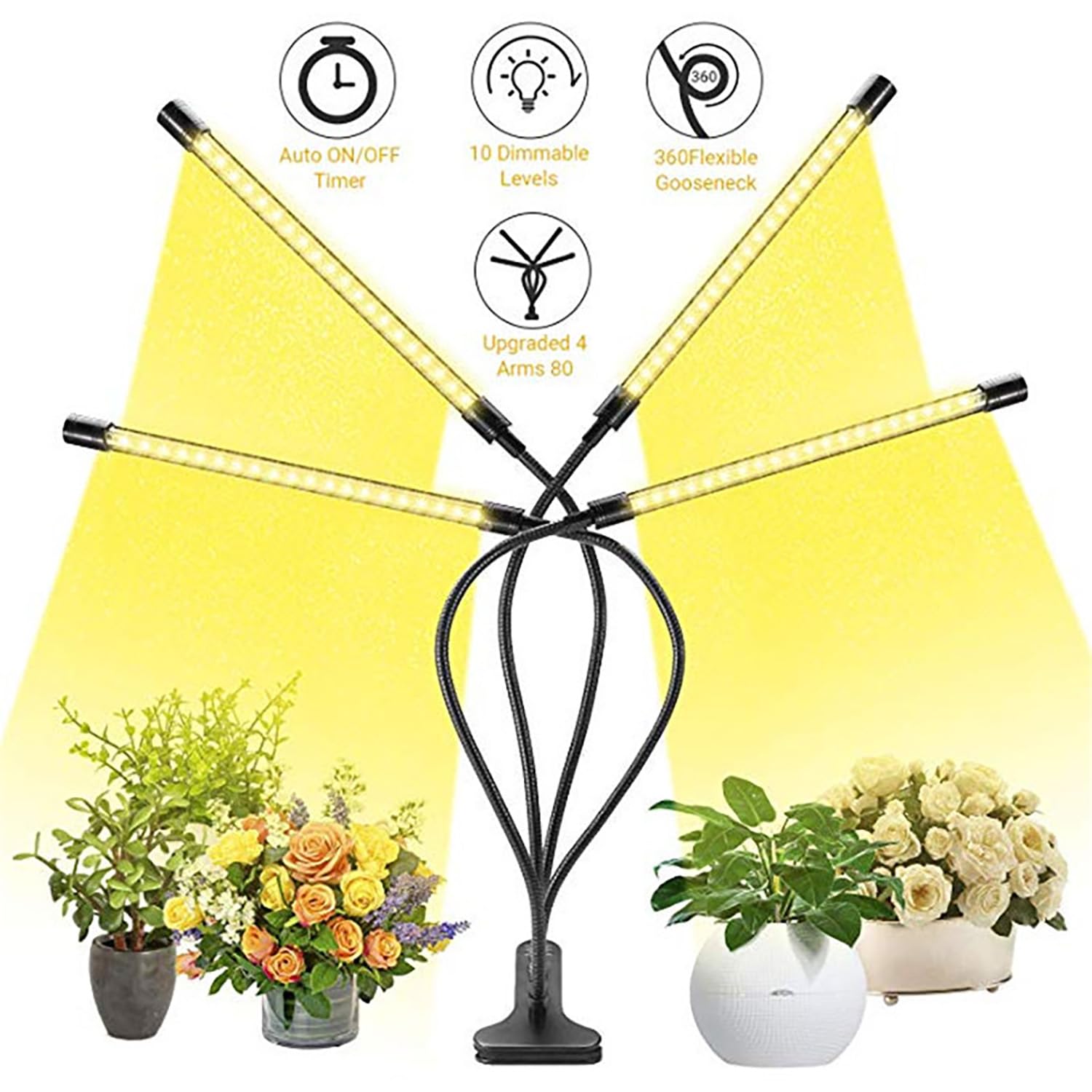 Luces LED de crecimiento, 4 cabezales de espectro completo con abrazadera para plantas de interior y inicio de semillas, 10 niveles regulables, encendido automático, tiempo 3, 9 y 12 horas