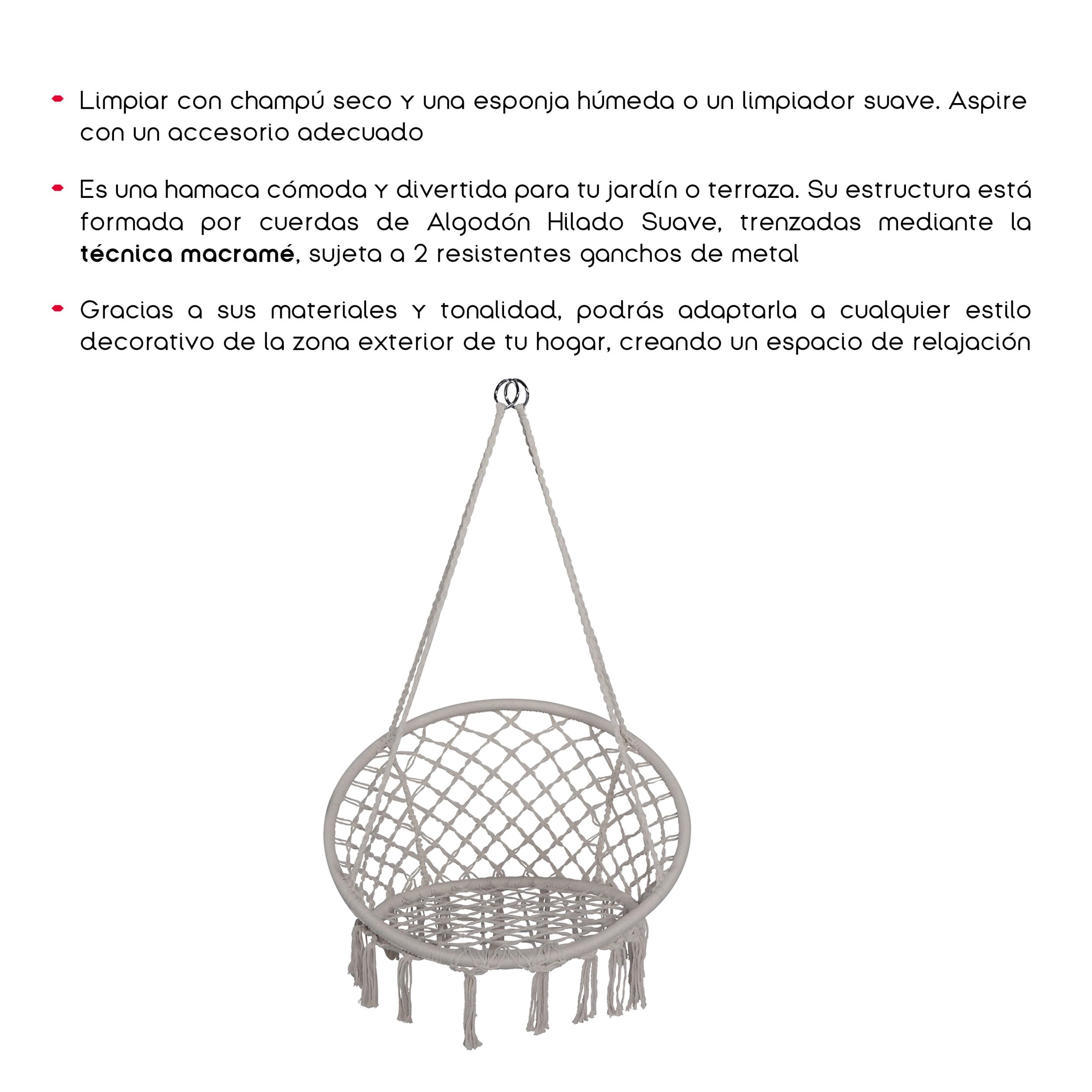 TIENDA EURASIA – Silla Colgante Exterior | Material Tejido de Cuerda Macarmé de Algodón Hilado Suave | 2 Ganchos de Metal | Color Gris Claro | Asiento Ancho de Encaje | 80x40cm