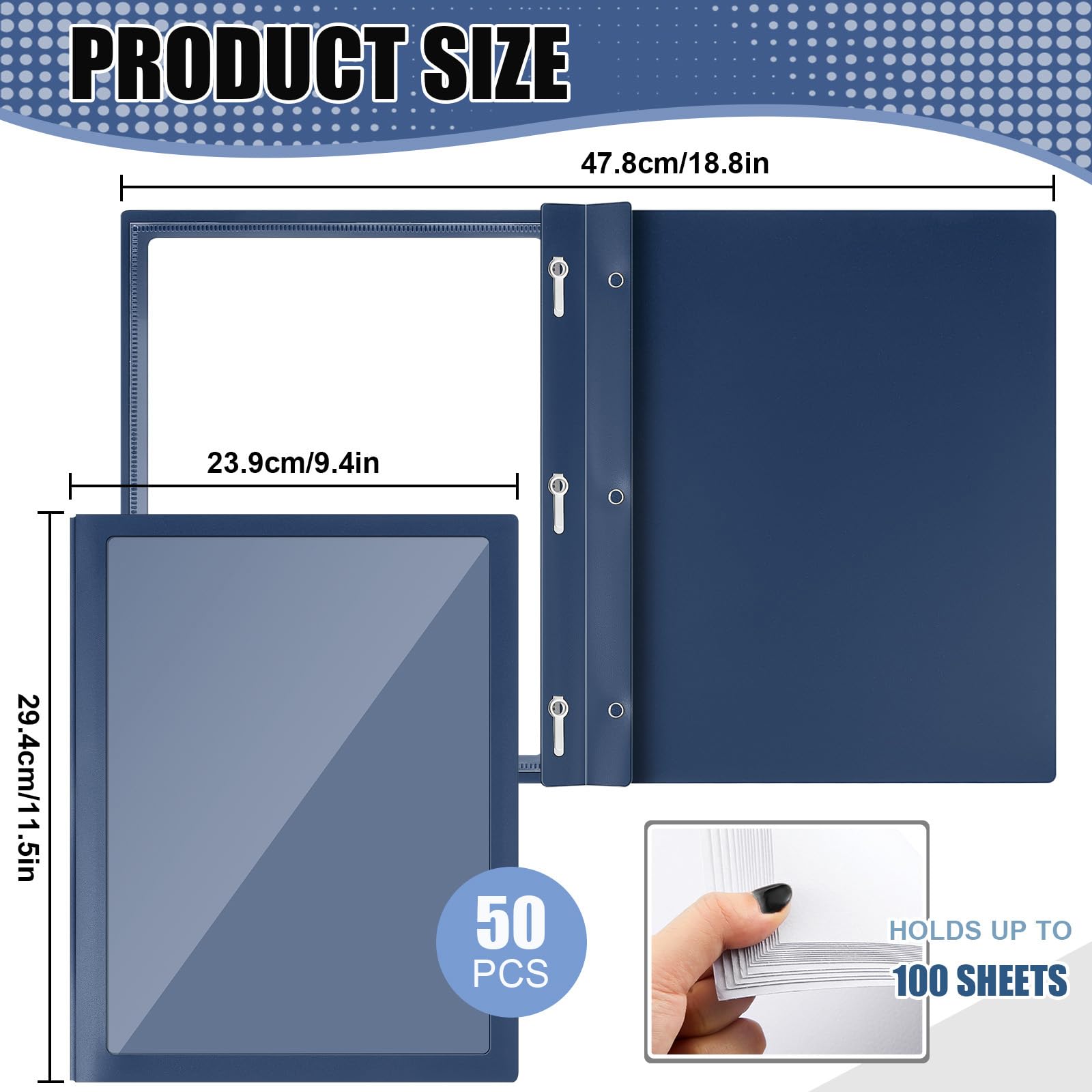 Teling 50 Stück Berichtsmappen mit 3 Zinkenverschlüssen, transparente Vorderseite, Präsentationsmappen, Rahmenansicht, Poly-Berichtsmappe, Präsentationsmappe für Papier, Dokumente, Schule, Büro