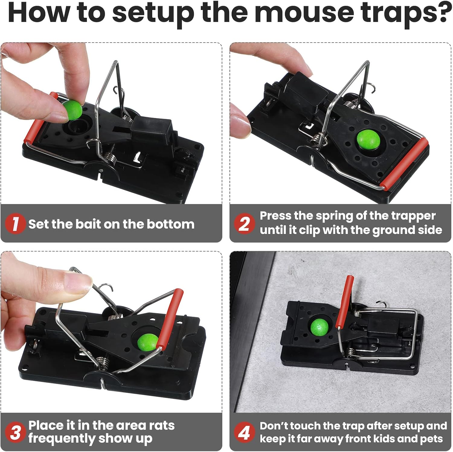 Qualirey 24 Pcs Mouse Traps Bulk Plastic Snap Rat Trap Reusable Quick Effective Safe for Indoor Outdoor Home House Warehouse Garden Kitchen 3.86 x 1.81 x 2.17 Inch (Black,Red)