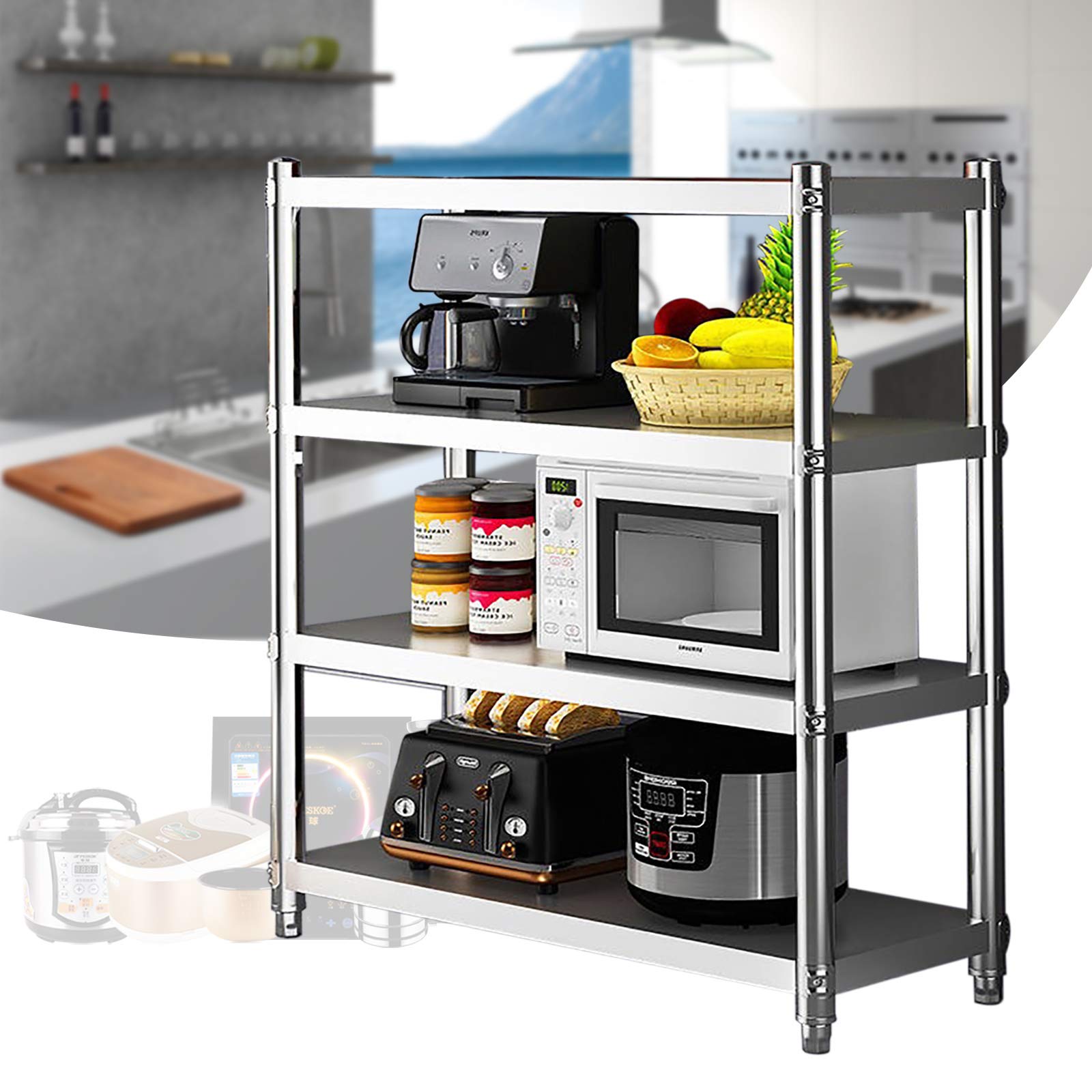Scaffale da cucina in acciaio inox, per carichi pesanti, 120 x 40 x 150 cm, 4 ripiani in acciaio inox, per uso commerciale e domestico, con strati antiscivolo e struttura modulare