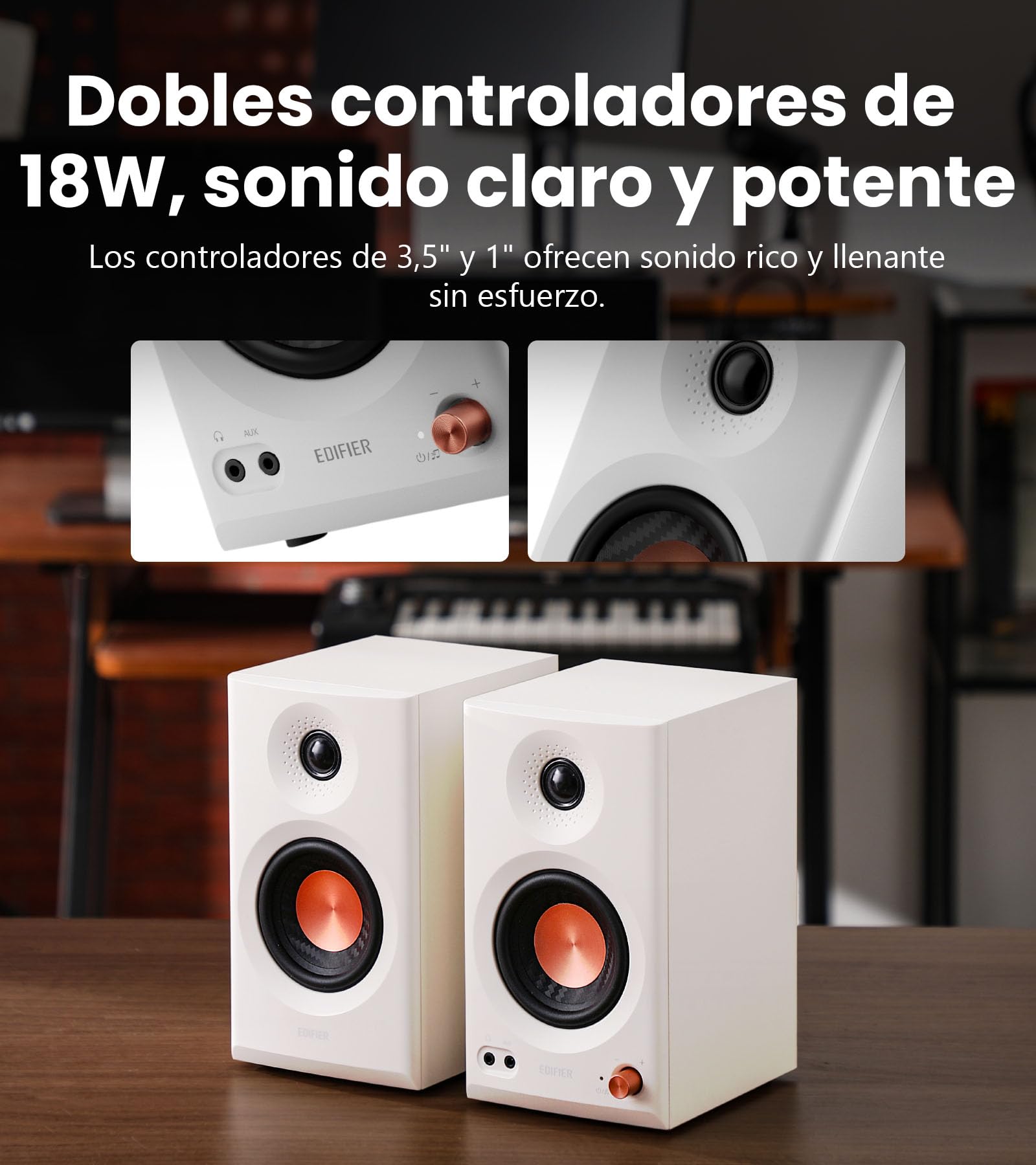 Edifier MR3 - Altavoces de Estudio compactos 2.0, Hi-Res Audio, Bluetooth V5.4, Controles físicos, RCA, AUX, Aplicación móvil, 2x18W, Blanco