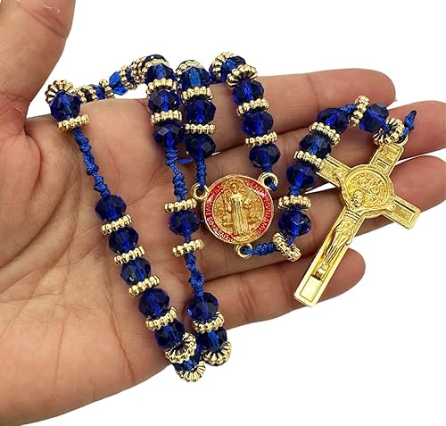 Miniatura 5 de Collar de rosario con medalla de San Benito con cristales azules, rosario católico y crucifijo de Jesús, regalos de oración para mujer