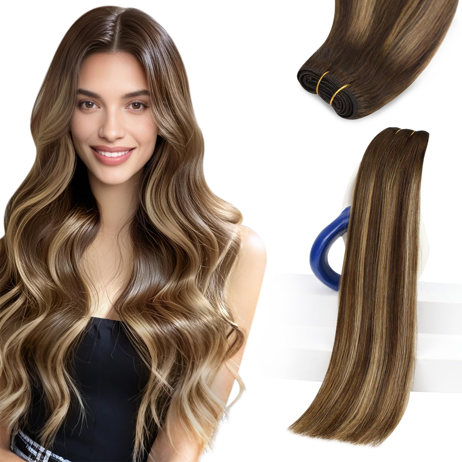 Sunny Hair Sew in Hair Extensions Real Human Hair Balayage Hair Wefts Human Hair Sew in Dark Brown Roots to Caramel Blonde Weft Human Hair Extensions