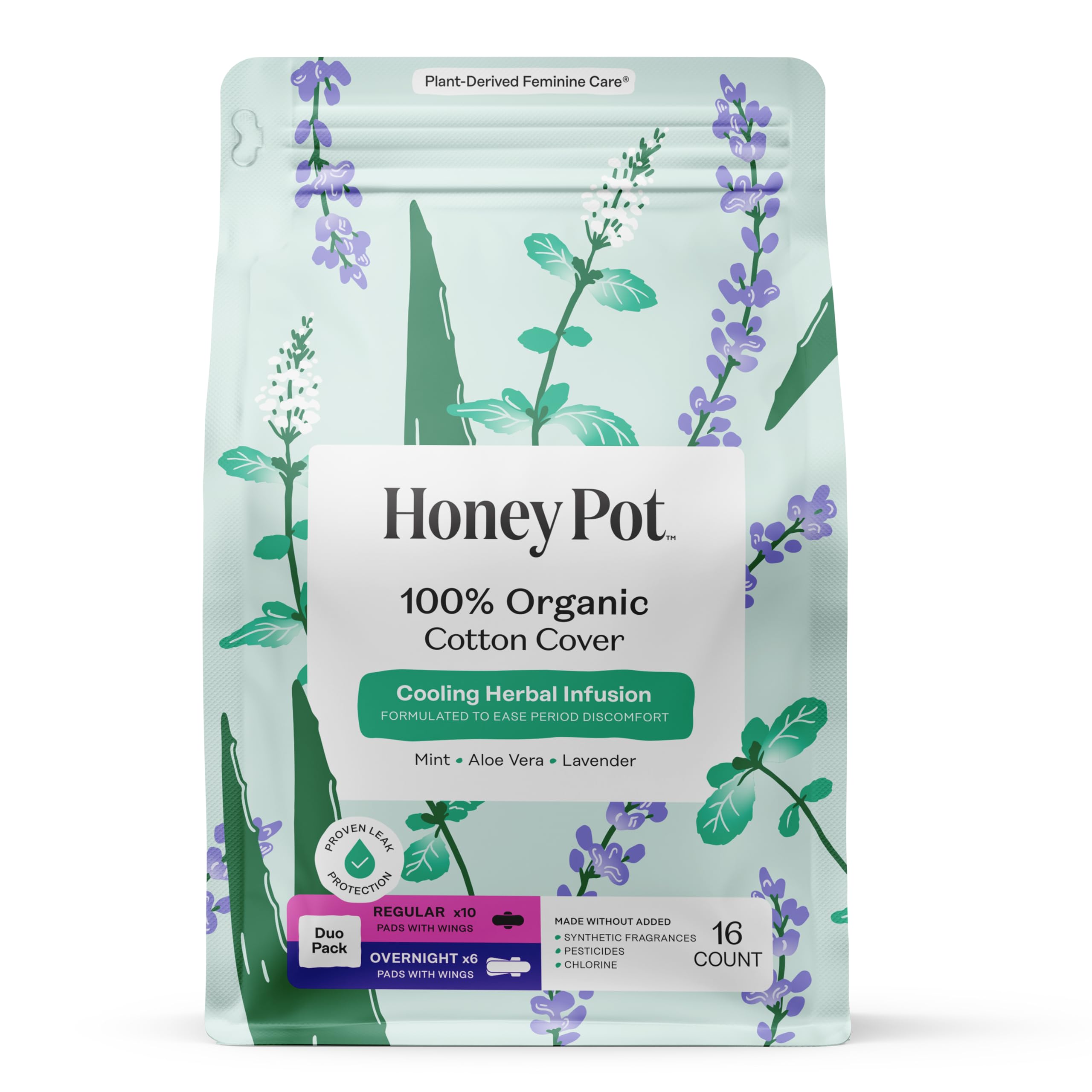 Honey Pot - Herbal Sanitary Pads for Women - Regular & Overnight Flow w/Wings - Infused w/Essential Oils for Cooling Effect & Organic Cotton Cover – Medium Pack - Feminine Care - 16 ct