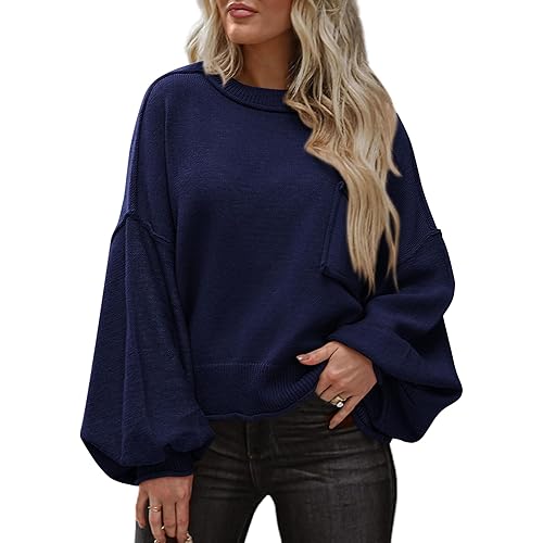 BTFBM Women's Oversized Lantern Long Sleeve Sweaters Casual Crewneck 2024 Fall Winter Outfits Ribbed Knit Pullover Tops