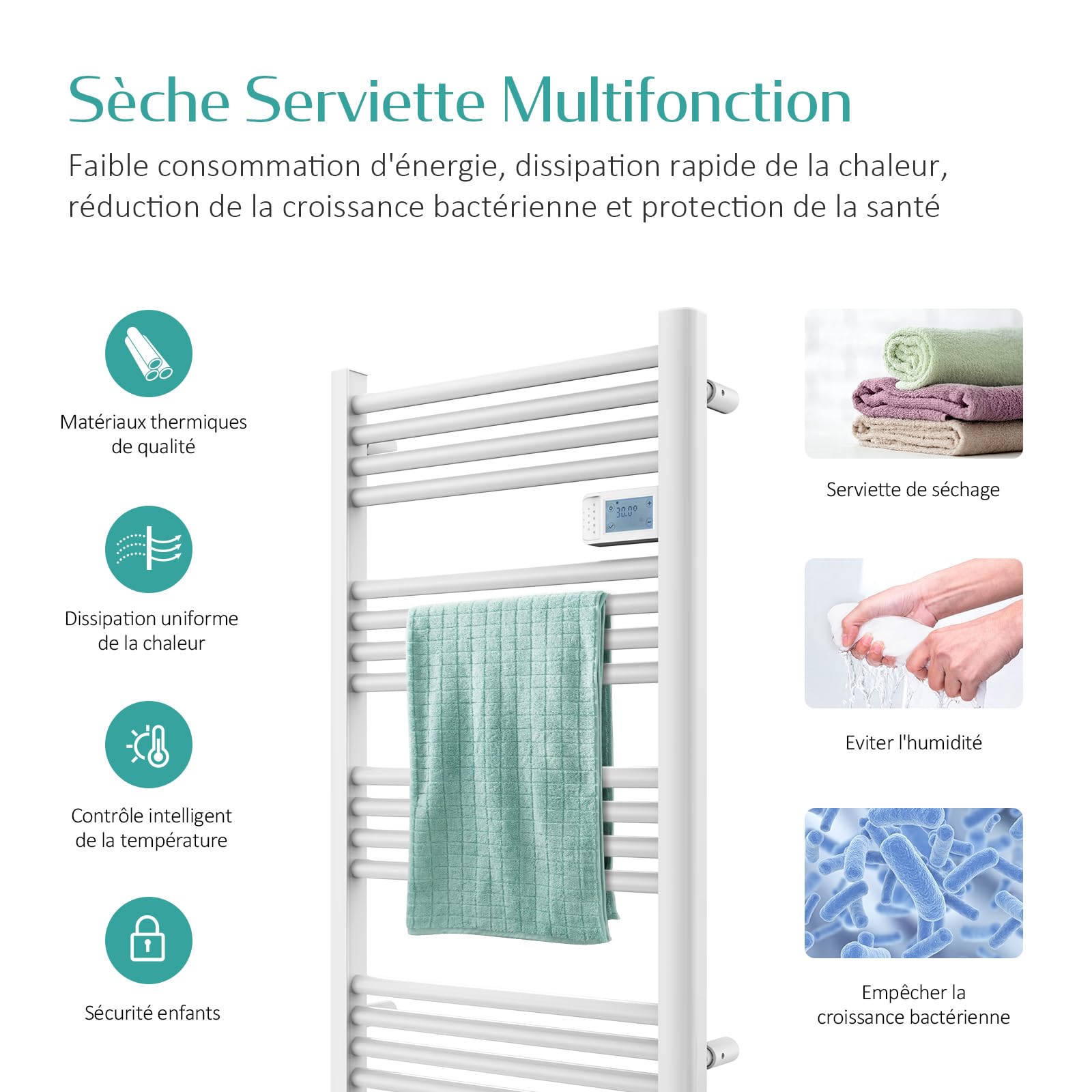 EMKE Seche serviette electrique 96 x 54 cm,500 W, Radiateur salle de bain avec Contrôleur d'affichage numérique, droit Sèche-serviettes électrique (Blanc)