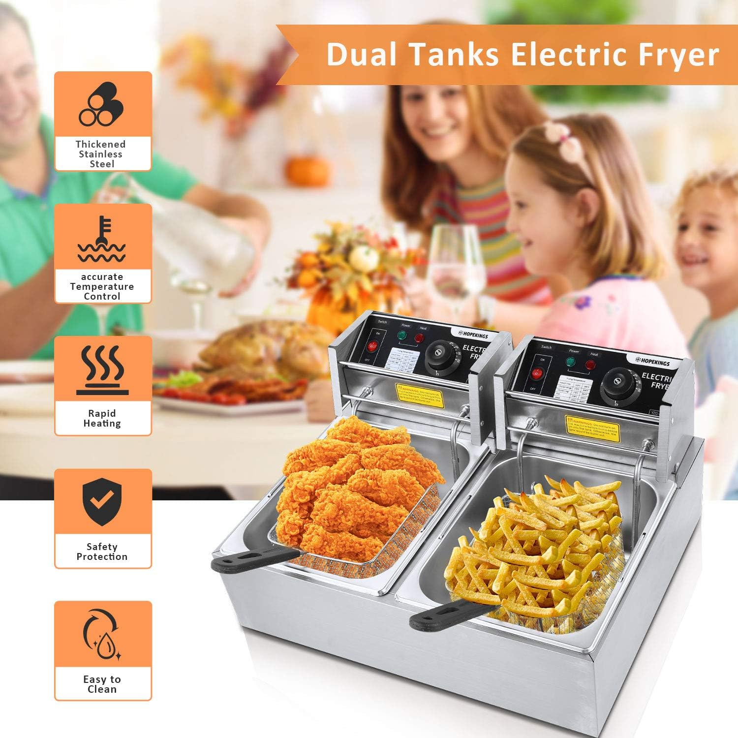 Hopekings Commercial Deep Fryer with Baskets & Lids, 12.7QT Electric