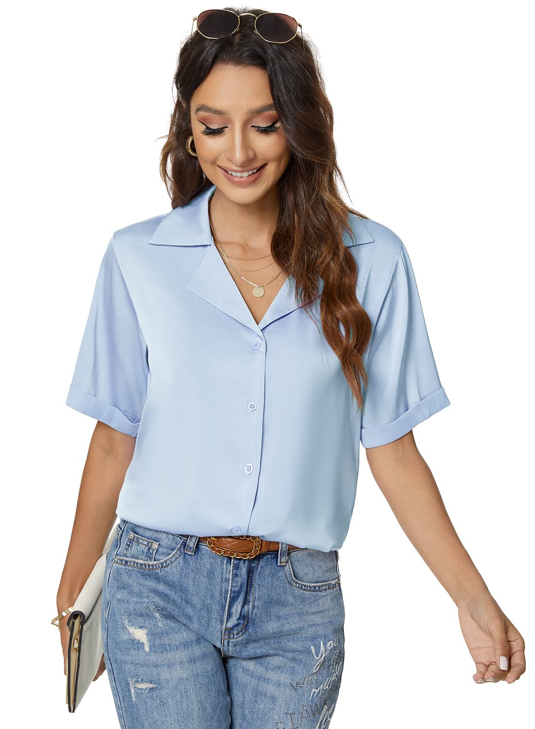 Atnlewhi Chemisier pour femme à manches courtes boutonnées en satin et soie - Style décontracté - Pour le travail - Pour l'été