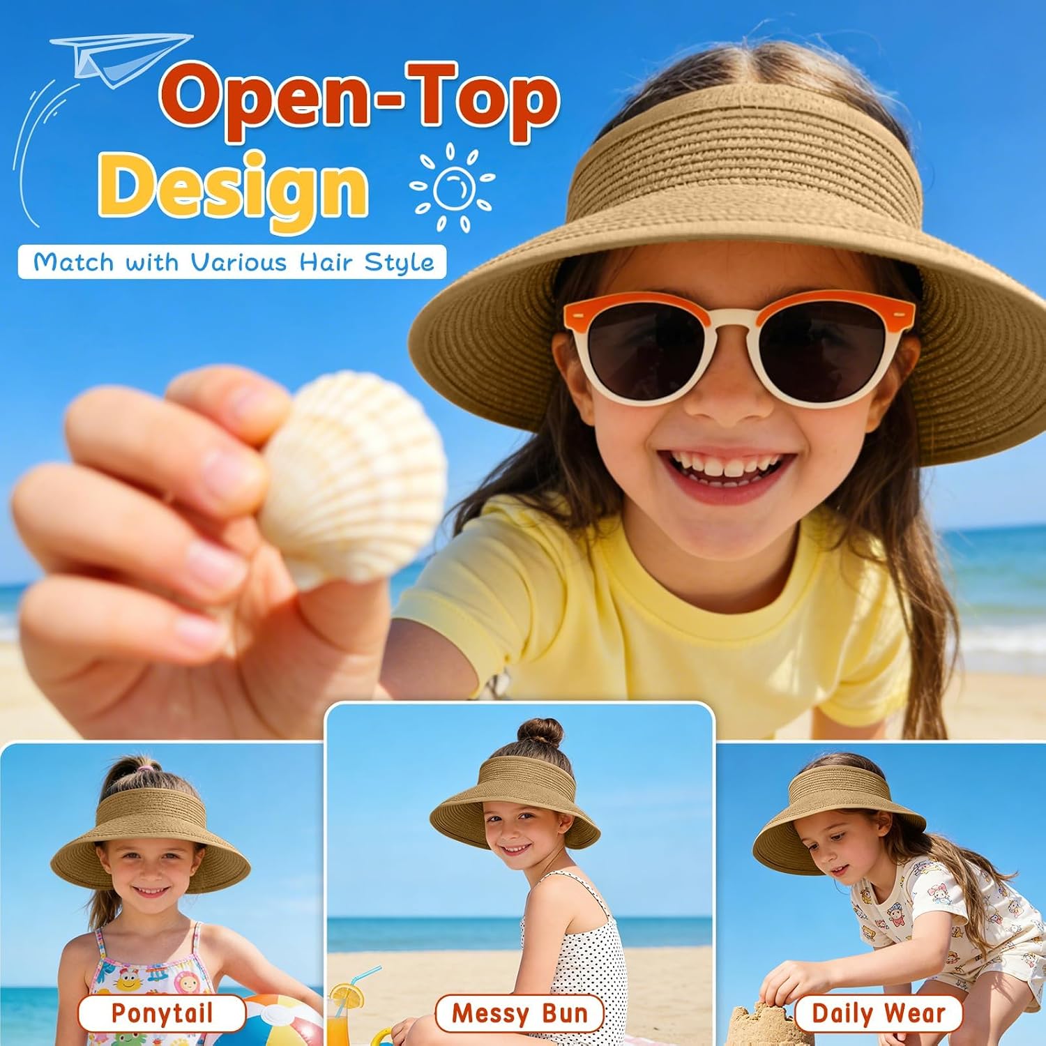 Girls Straw Sun Visor Hat, Wide Brim Ponytail Beach Hat with Bow, Foldable Packable Roll-Up for Kids Summer Travel