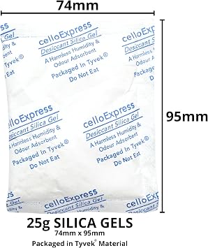 celloexpress Silica Gel Pouches - 25g Silica Gel in Tyvek Paper Sachets - Pack of 10 - Total Gel Weight 250g (25g, 10)
