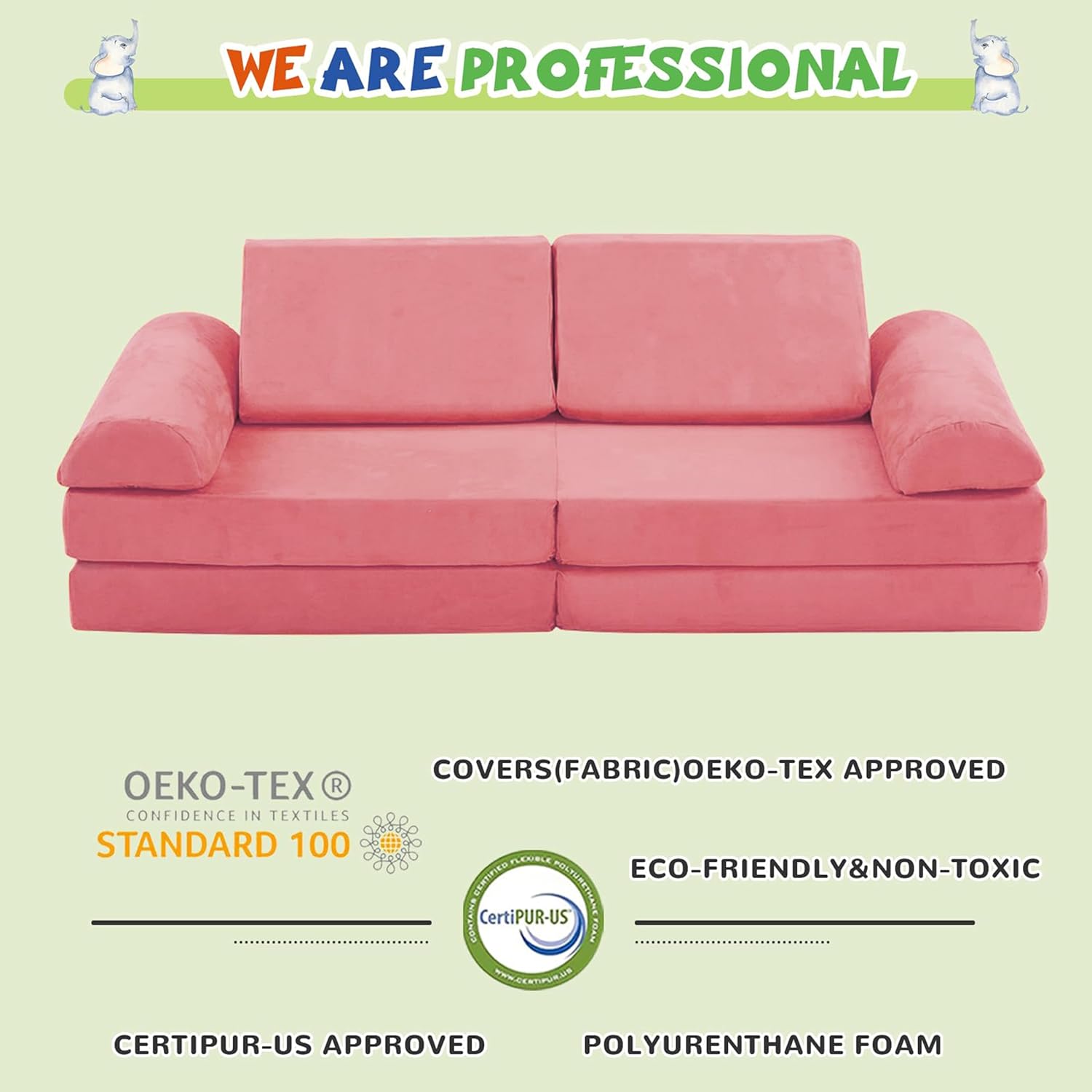 jela Kids Large Modular Couch, Foam Floor Sofa for Kids & Adults, Playhouse Play Set for Toddlers & Babies, Indoor Outdoor Modular Play Furniture (56.7"x28.3"x17.3", Pink)