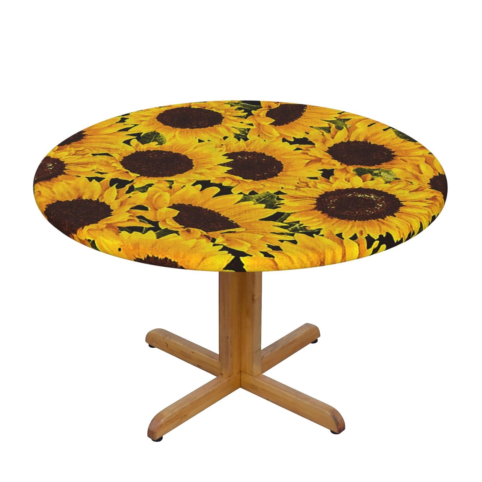Ffshkowe Yellow Sunflowers Elastic Round Tablecloth Oil Proof Table Cover For Dining Party Picnic