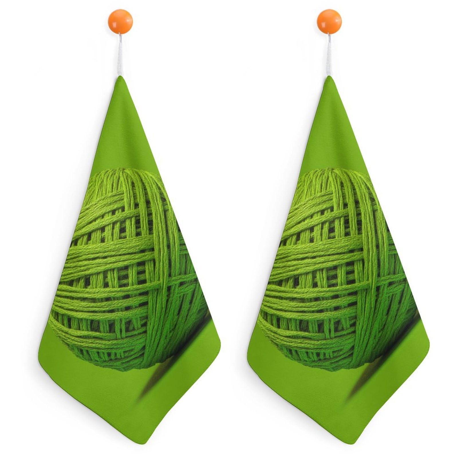 Jubonexis Cute Green Yarn Ball Small Hand Towel with Hanging Loop 2 PCS Absorbent Soft Wash Cloth for Kitchen Bathroom