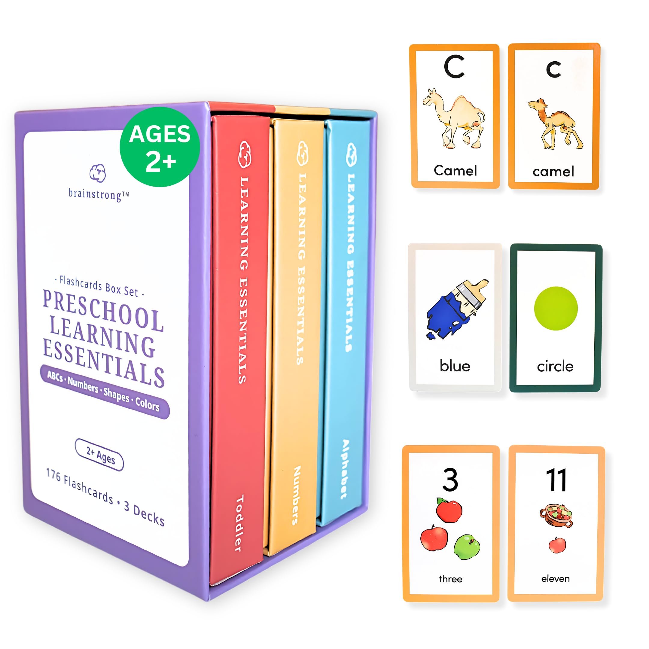 BrainstrongPreschool Learning Essentials Flash Cards: Letters, Numbers, Shapes, Colors - Educational Basics for Toddler, Little Kid