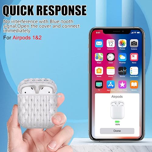 Miniatura 4 de Funda con diseño de diamante con purpurina para AirPods 12 con cadena de perla, cubierta protectora de cristal transparente brillante para Airpod de