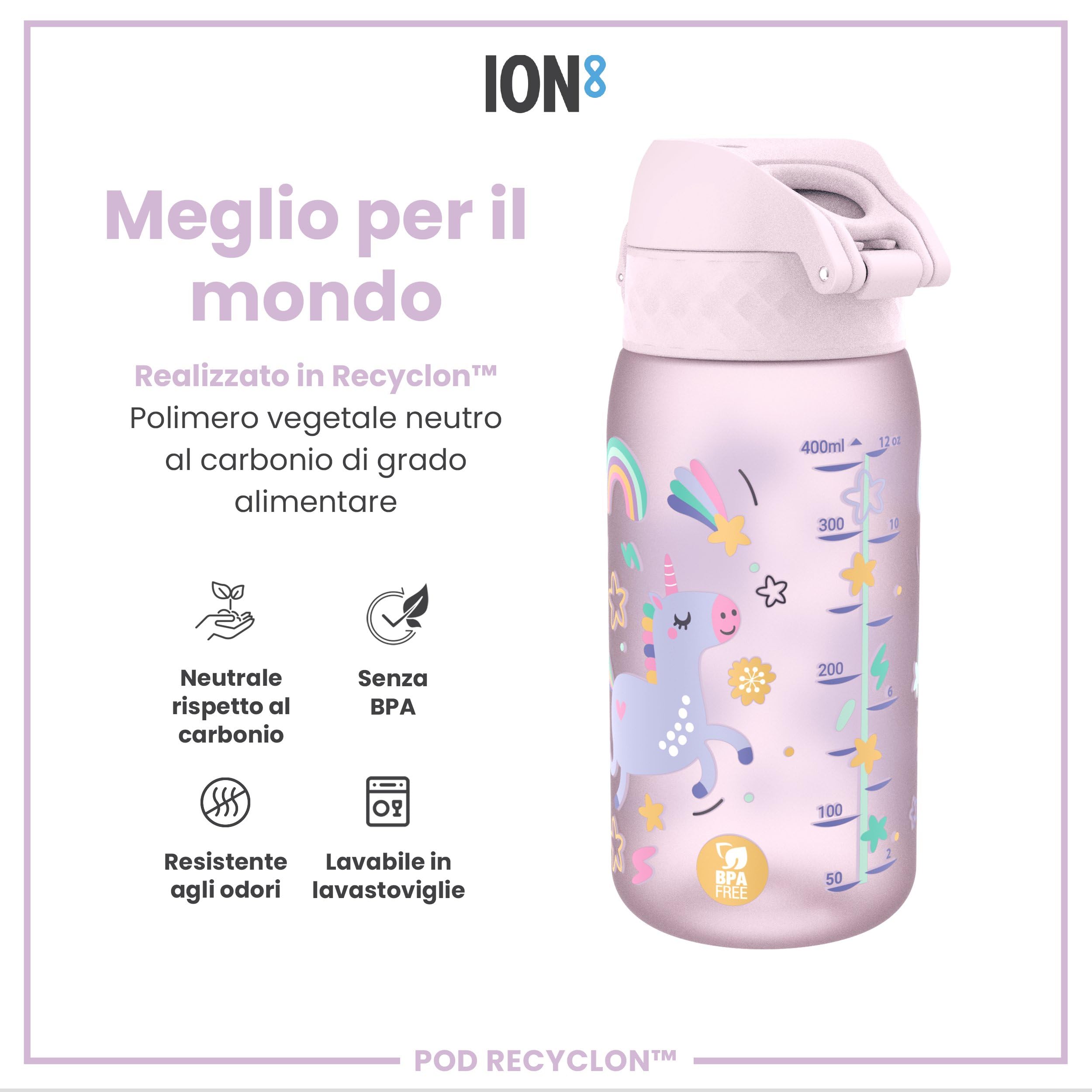 Ion8 Borraccia per Bambini, 350 ml, a Prova di Perdite, Facile da Aprire, Serratura Sicura, Lavabile in Lavastoviglie, Senza BPA, Maniglia per il Trasporto, Facile Pulizia, Unicorni Rosa