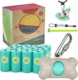 Dog Poop Pickup Bags Holder Dispenser with Standard-Sized Leak-Proof Scented Doggy Waste Bags and Carabiner with Safety Lock&Fastener Never Loose on Leash Lead Again (1 Holder 195 Bags, Beige)