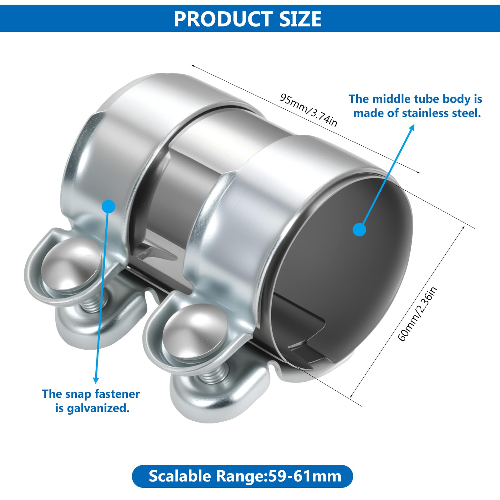 1 Pz Morsetto per Scaricos Auto, 60 mm Fascetta di Scarico in Acciaio Inox, 60 mm x 95 mm Morsetto per Tubo di Scarico Doppio, Morsetti per Tubi Giunto Marmitta
