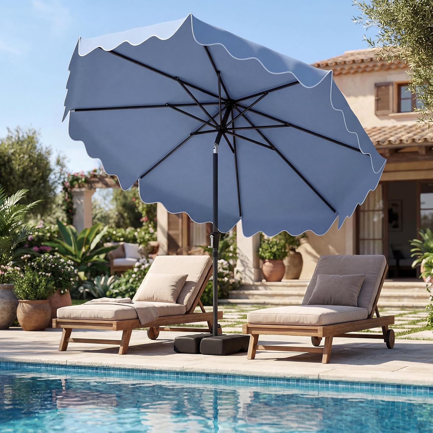 Tangkula 9 FT Patio Umbrella with Base Included, 2-Tiers Outdoor Scalloped Table Umbrella with 2 Sandbags, Tilt Adjustment, Crank, 8 Ribs for Market Backyard Pool Deck Beach Lawn