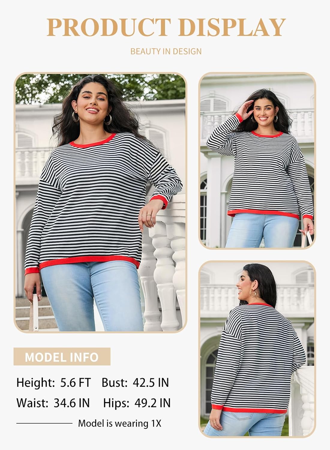 Eytino Plus Size Sweaters for Women Casual Striped Color Block Long Sleeve Round Neck Pullover Jumpers Tops(1X-5X) - Image 3