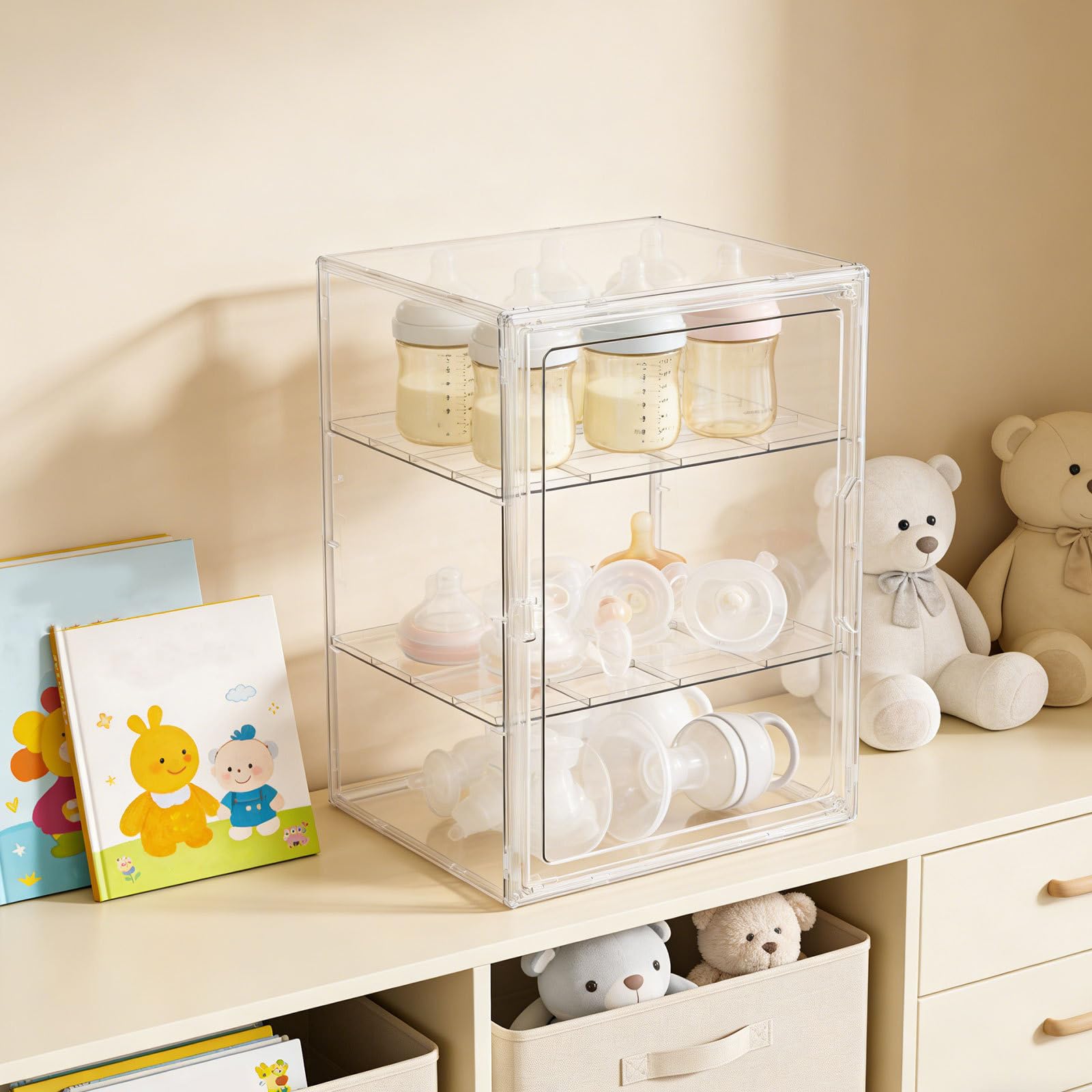 Babyflaschen Aufbewahrungsbox aus Acryl mit 2 Ebenen und Individuellen Fächern Stapelbar und Stabil als Organizer für Küche und Vorratsraum