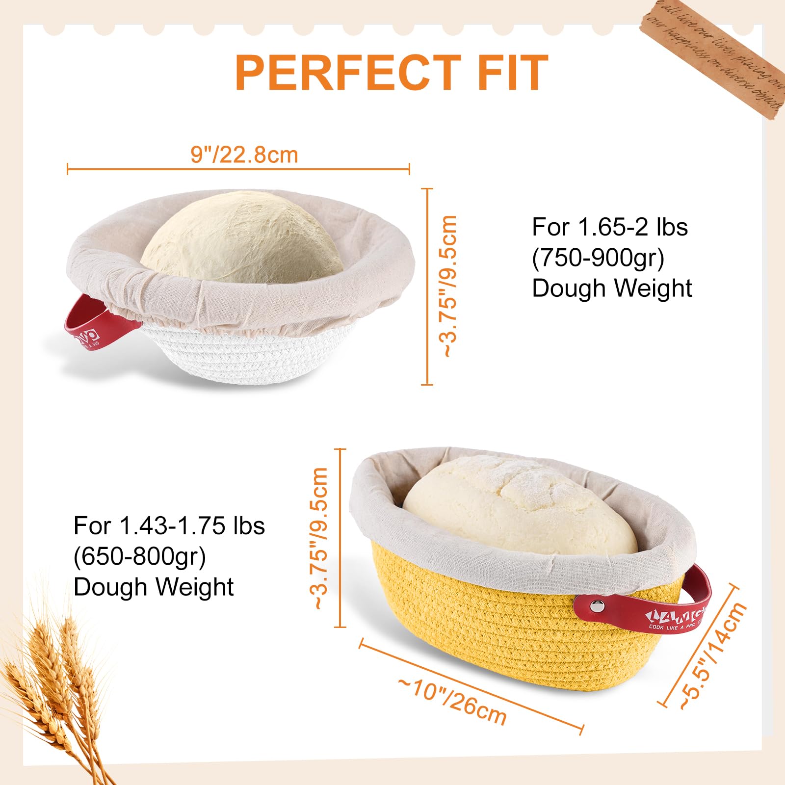 Banneton Brotgärkorb-Set aus Baumwollseil, Sauerteig-Starter-Set mit Einlagen und Abdeckungen, Brotkorb für handwerkliches Backen, rundes und ovales Sauerteig-Brot-Backzubehör, Geschenk-Set