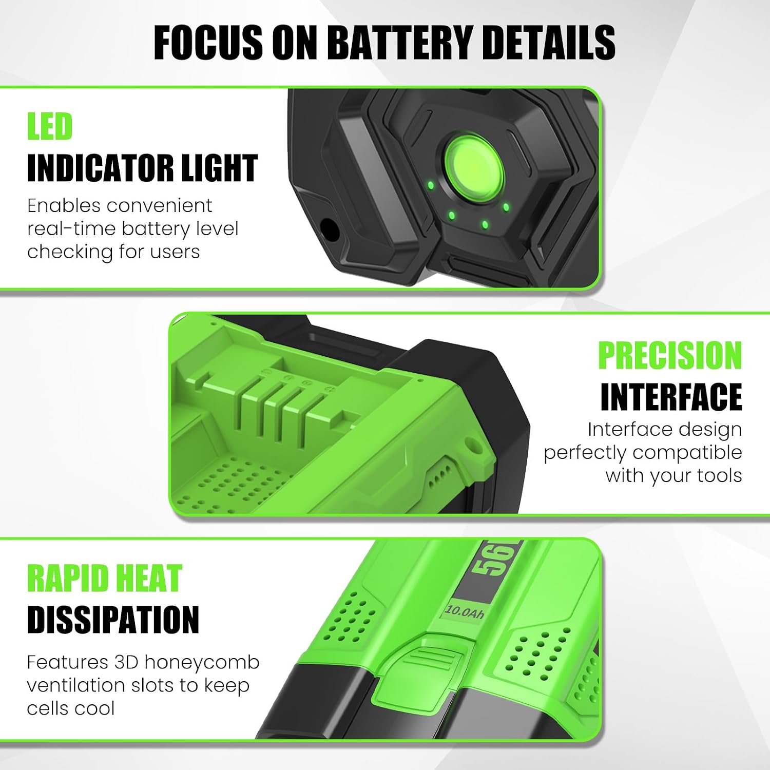 Upgrade 10000mAh Lithium Ion Battery Long Runtime High Power Output Replacement for EGO 56V Battery BA2800 BA2800T BA4200 BA4200T BA5600T Green (Green, 10.0Ah)