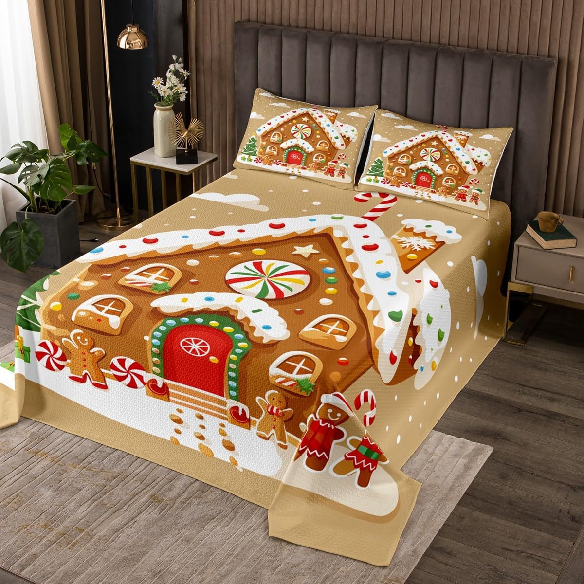 jejeloiu Merry Christmas Bedspread Queen Size Gingerbread Man Coverlet Set Christmas Tree Quilted Coverlet for All Season with 2 Pillowcases Lightweight