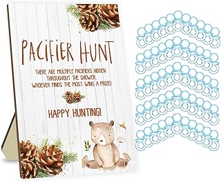 Baby Shower Pacifier Hunt Game, Funny Baby Shower Pacifier Hunt Games, Baby Shower Game Set, Cute Bear Baby Pacifier Hunt Sign Board and 50 Blue Acrylic Baby Pacifiers, Baby Shower Game for Boy