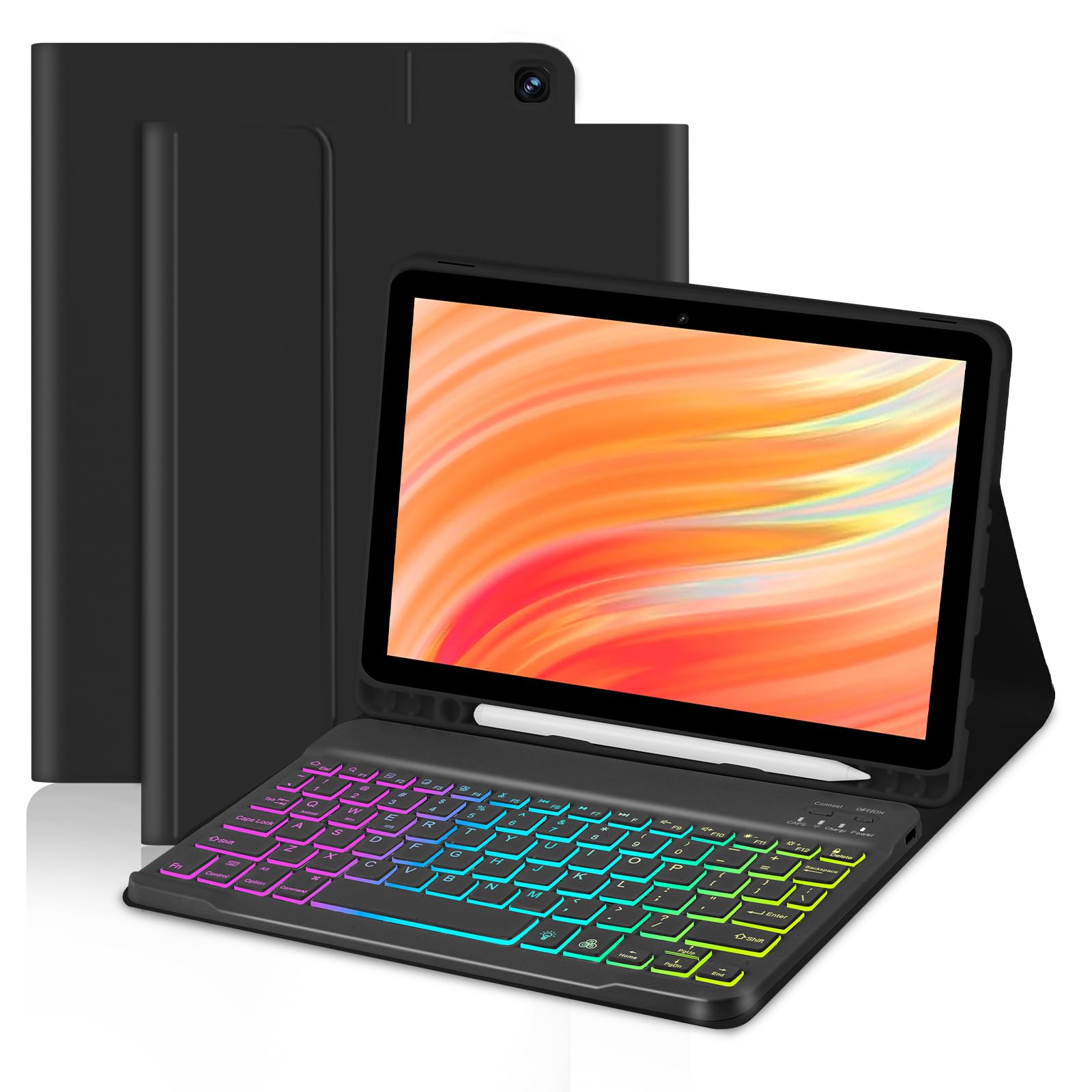 EAMPANG Tablet Case with Keyboard for Amazon Kindle Fire HD 10&10 Plus 11/13th Gen 10.1 inch,7 Color Rainbow Backlit Detachable Keyboard Magnetic Cover with Pen Slot HD 10 2021&2023 Black+Black