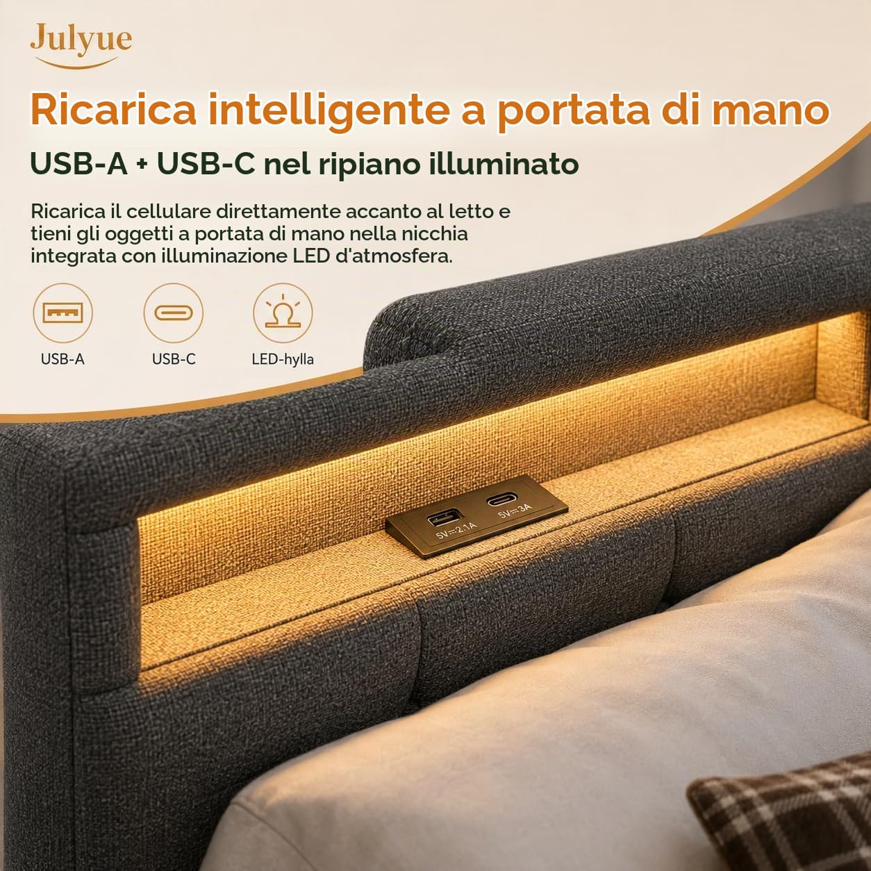 Divano Letto Singolo 90x200 a L Salvaspazio, Letto Singolo Angolare Imbottito in Tessuto Effetto Lino Grigio con 2 Cassetti, LED RGB 16 Colori, 2 Prese EU, USB-A/USB-C, Rete a Doghe, Senza Materasso