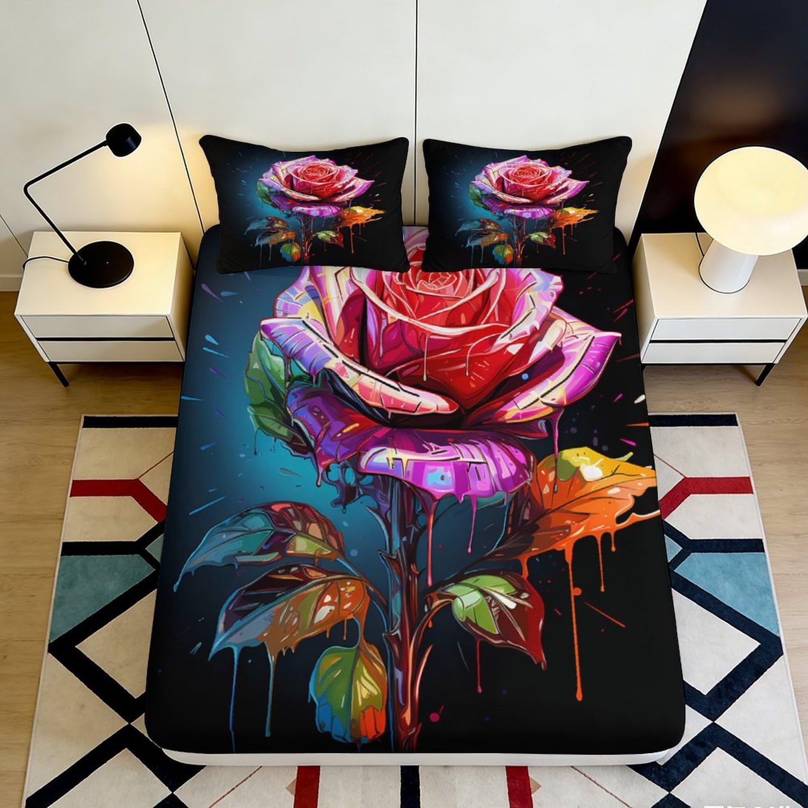 Artistic rose motif 3D Printed Fitted Sheet, Microfiber soft touch, stylish room accent, guest room bedding, wrinkle resistant, bedroom decor 90x200x25cm