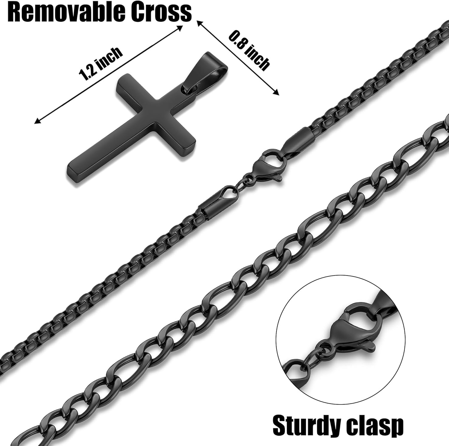Fiusem 2 Pcs Cross Necklace Chain for Men and Women, Stainless Steel Layered Mens Cross Necklaces with Pendant, Figaro and Box Chain 16-24 Inch - Image 4