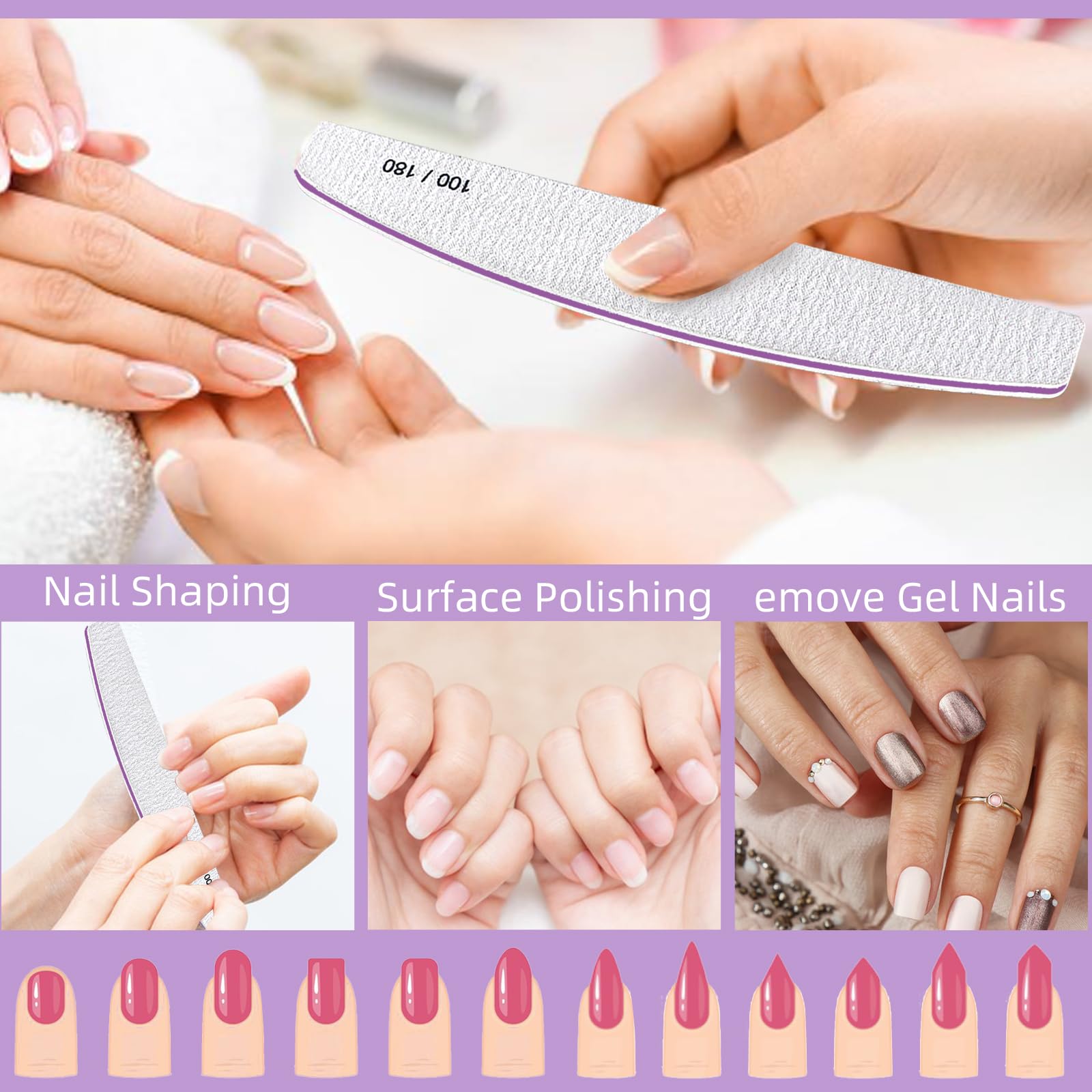 Nagelfeilen, Körnung 100/180, wiederverwendbar, doppelseitig, Puffer-Nagelfeile, professionelle Nagelfeilen, geeignet für natürliche Nägel, künstliche Nägel, Acrylnägel, Familiensalon, Grau, 15 Stück