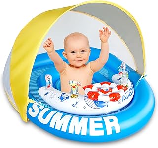 Baby Float with Canopy, Baby Pool Float with Canopy, Infant Pool Floats 3-36 Months, Toddler Pool Float UPF50+ Sun Protection Inflatable with Pump, Removable Roof, Roof Angle 0 ° 60 ° 120 °