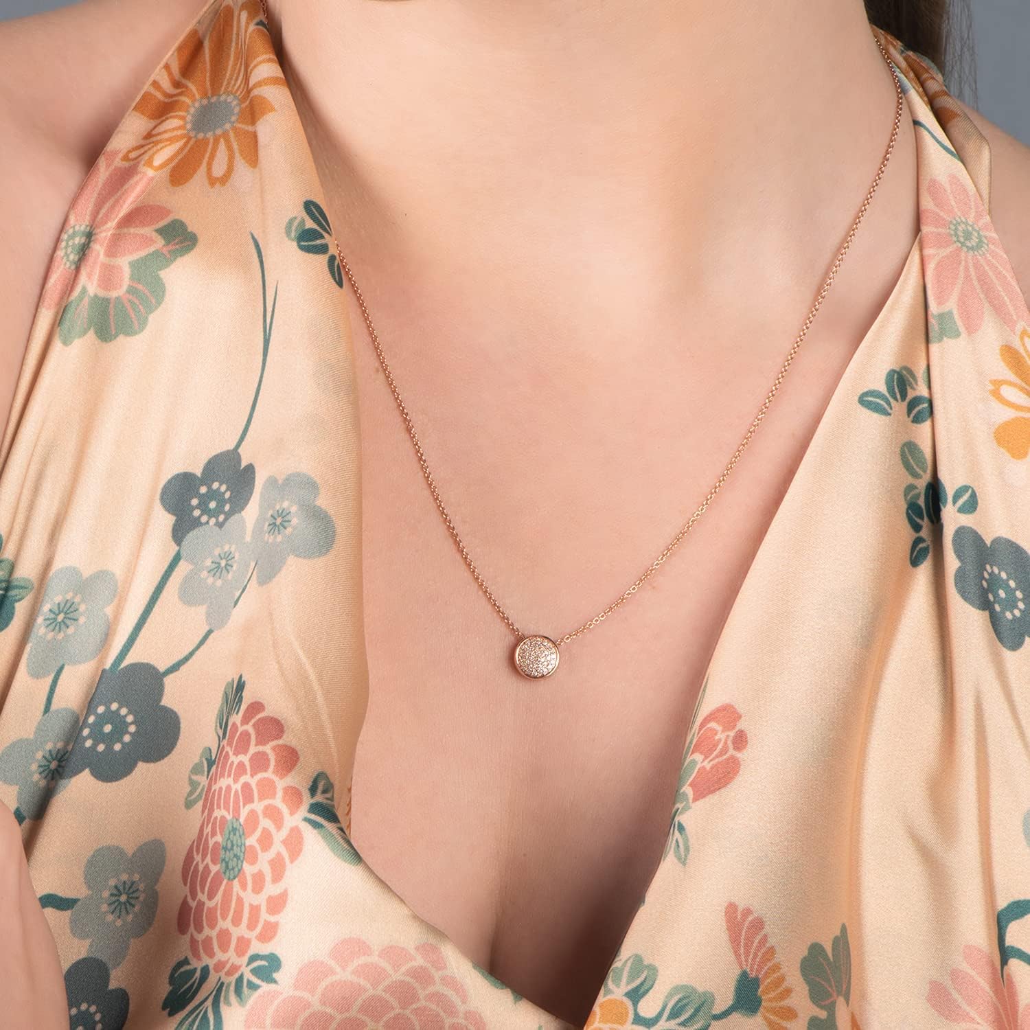 Jewelili Round Diamond Necklace Pendant 1/10 CTTW in 14K Rose Gold Over Sterling Silver with 18 inch Rolo Chain