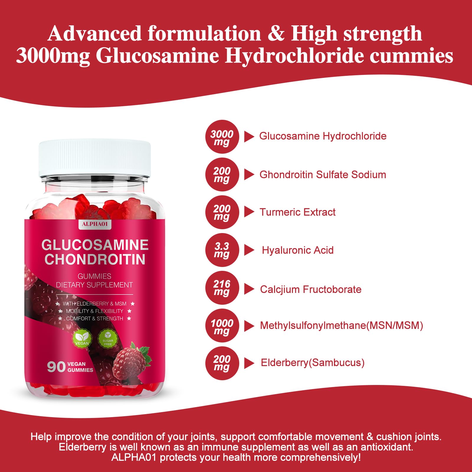 Glucosamine Chondroitin Gummies - 3000MG Extra Strength Joint Support Supplement with MSM & Elderberry, Flexibility, Antioxidant Immune Support Gummy for Adults, Men & Women - 90 Raspberry Gummies — Amazon image 3