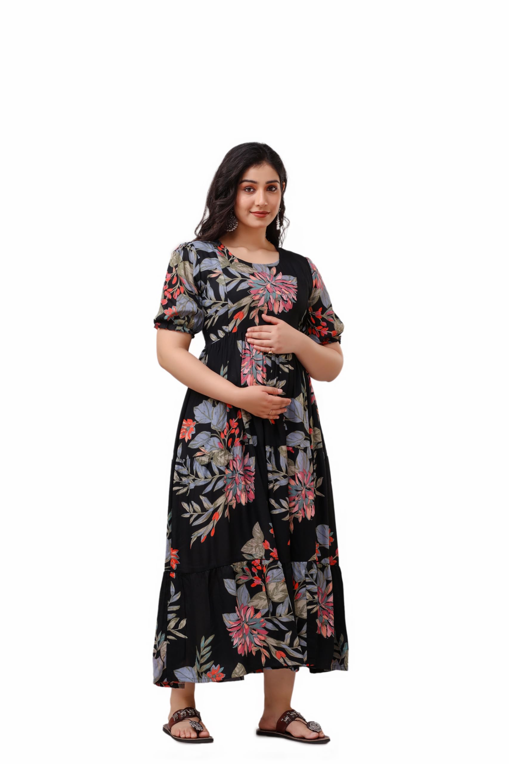 Somick Women Rayon Relaxed Fit Maternity Dresses with Feeding Zip - Floral Breastfeeding Maternity Gown Kurti for Pregnant - Nursing Pre and Post Pregnancy Wear Black, Small - Image 3 thumbnail