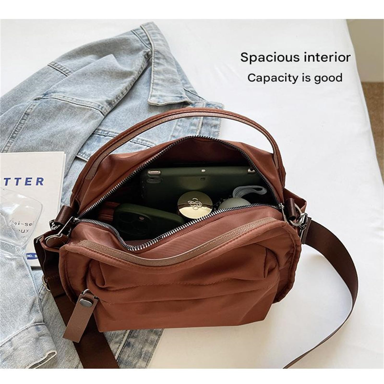 Borsa A Tracolla da Donna in Tessuto Oxford, Semplice, Leggera, Casual Ed Elegante-Nero