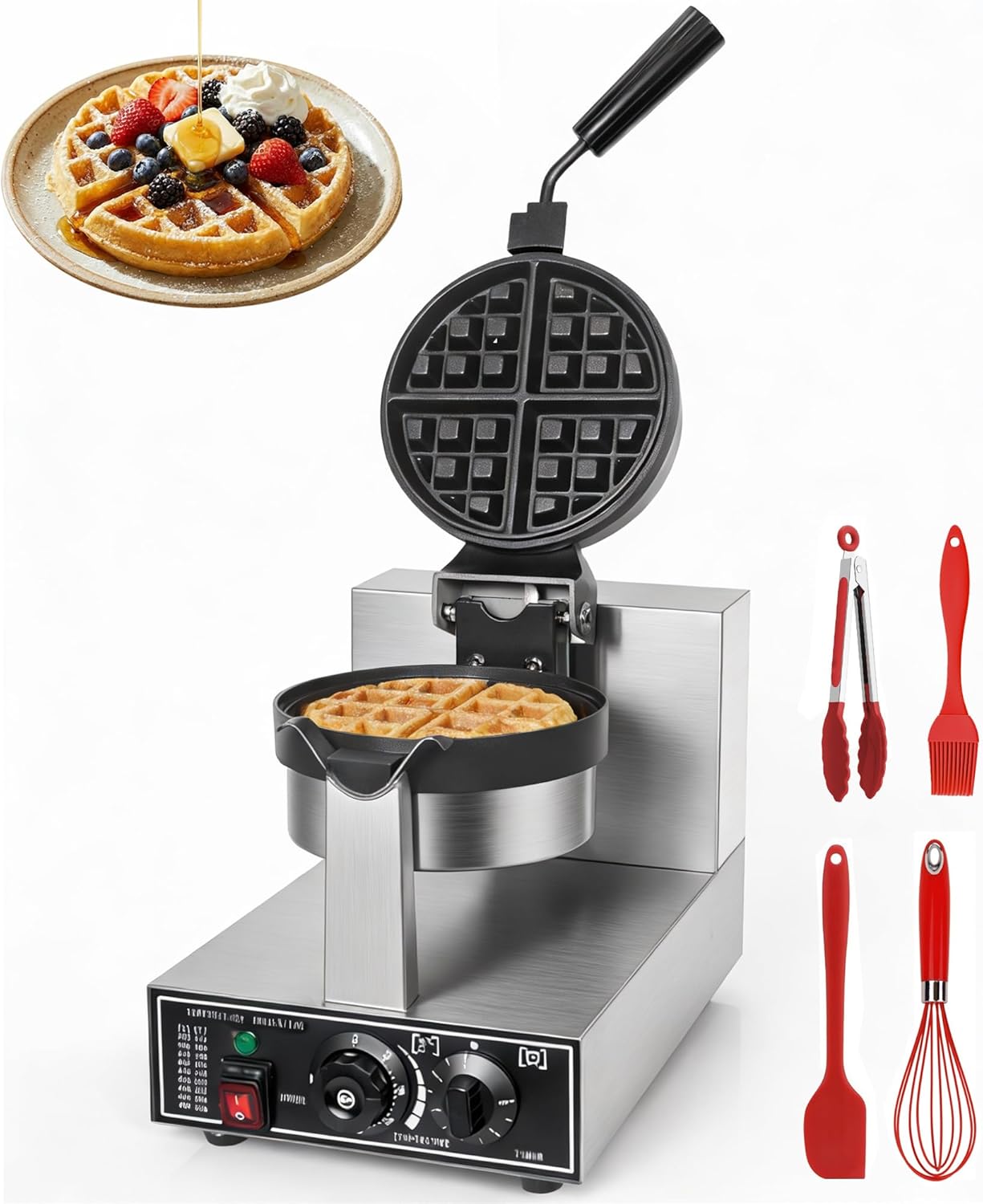 Commercial Waffle Maker, 1300W Round Waffle Iron, Teflon-Coated Non-Stick Baking Pan 180° Rotatable Waffle Baker Machine Stainless Steel Body With Temp and Time Control 110V-120V