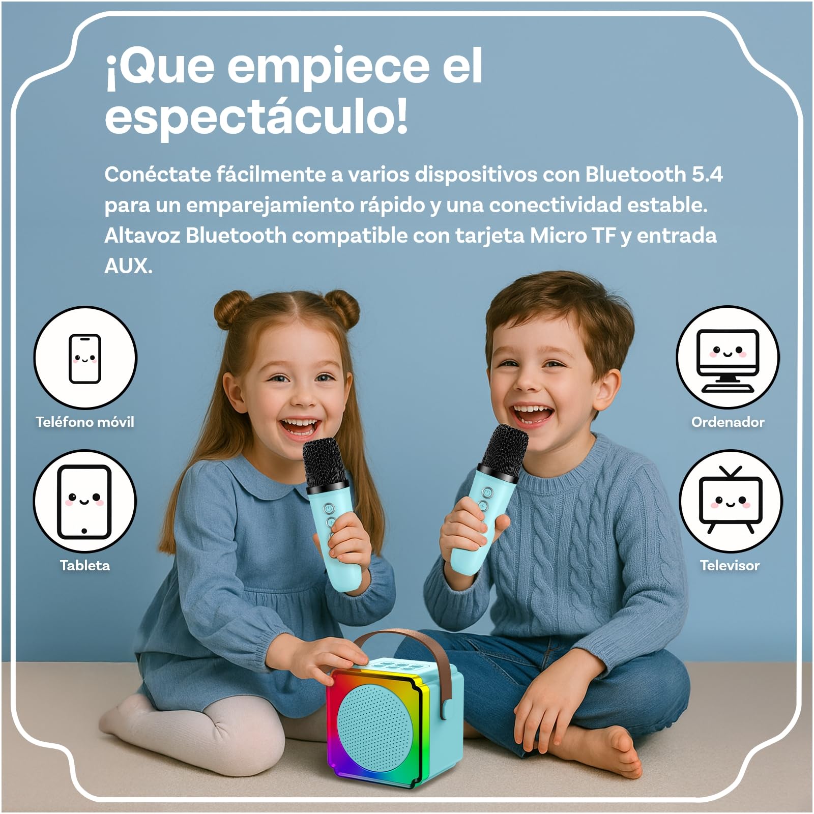 Karaoke para Infantil por MMOBIEL - Karaoke Bluetooth - Altavoz Portátil, 2 Microfonos Inalambricos, Luz LED, Efectos de Voz - Canta, Música Fiesta - Regalo para Niña, Niños, Infantil 3+ Años – Azul