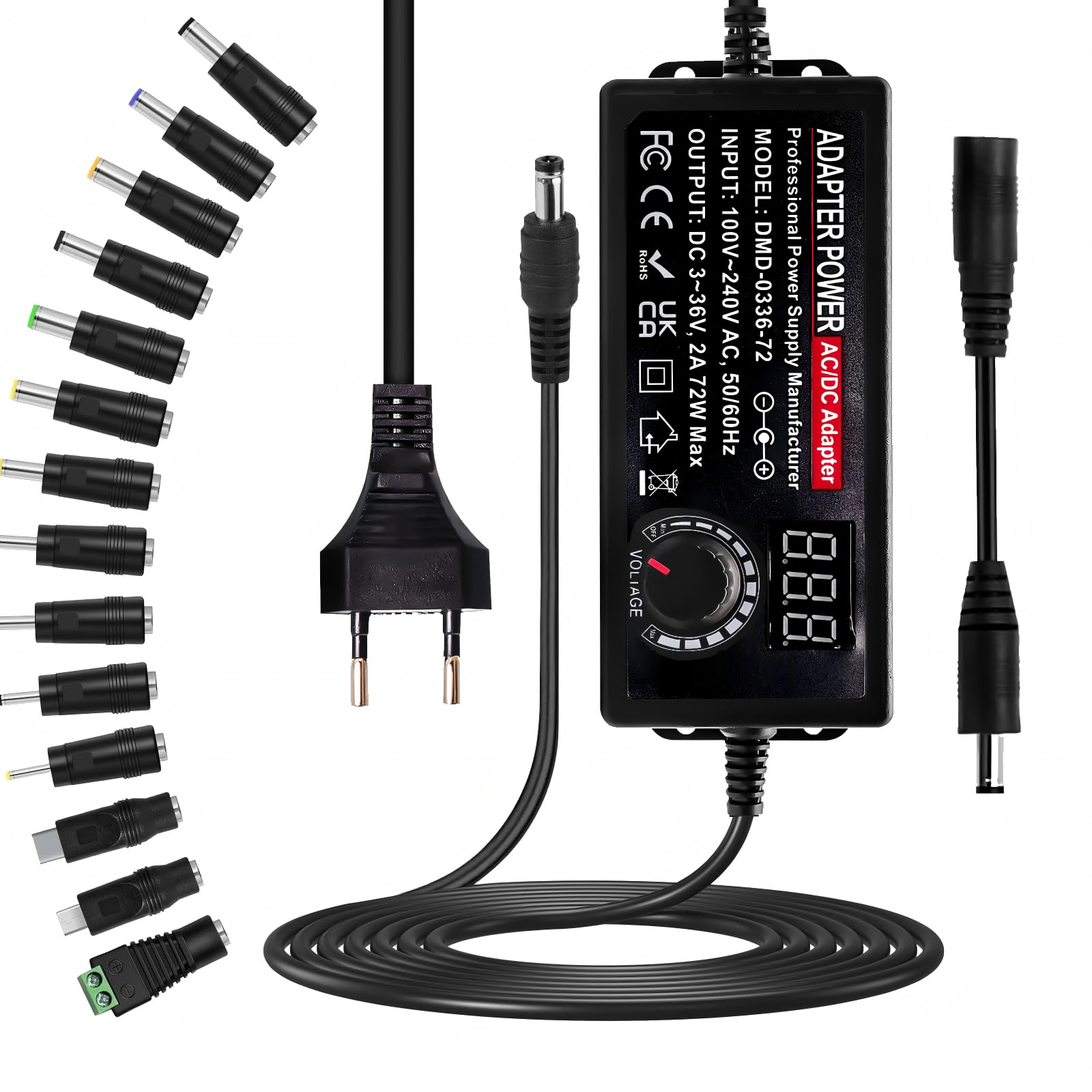 Adaptador de Corriente Universal 2A 72W, 3V-36V Fuente de alimentación Universal 100V-240V AC a DC Adaptador Universal con 14 Conectores y Cable de Polaridad Inversa para Cámara CCTV Enrutador