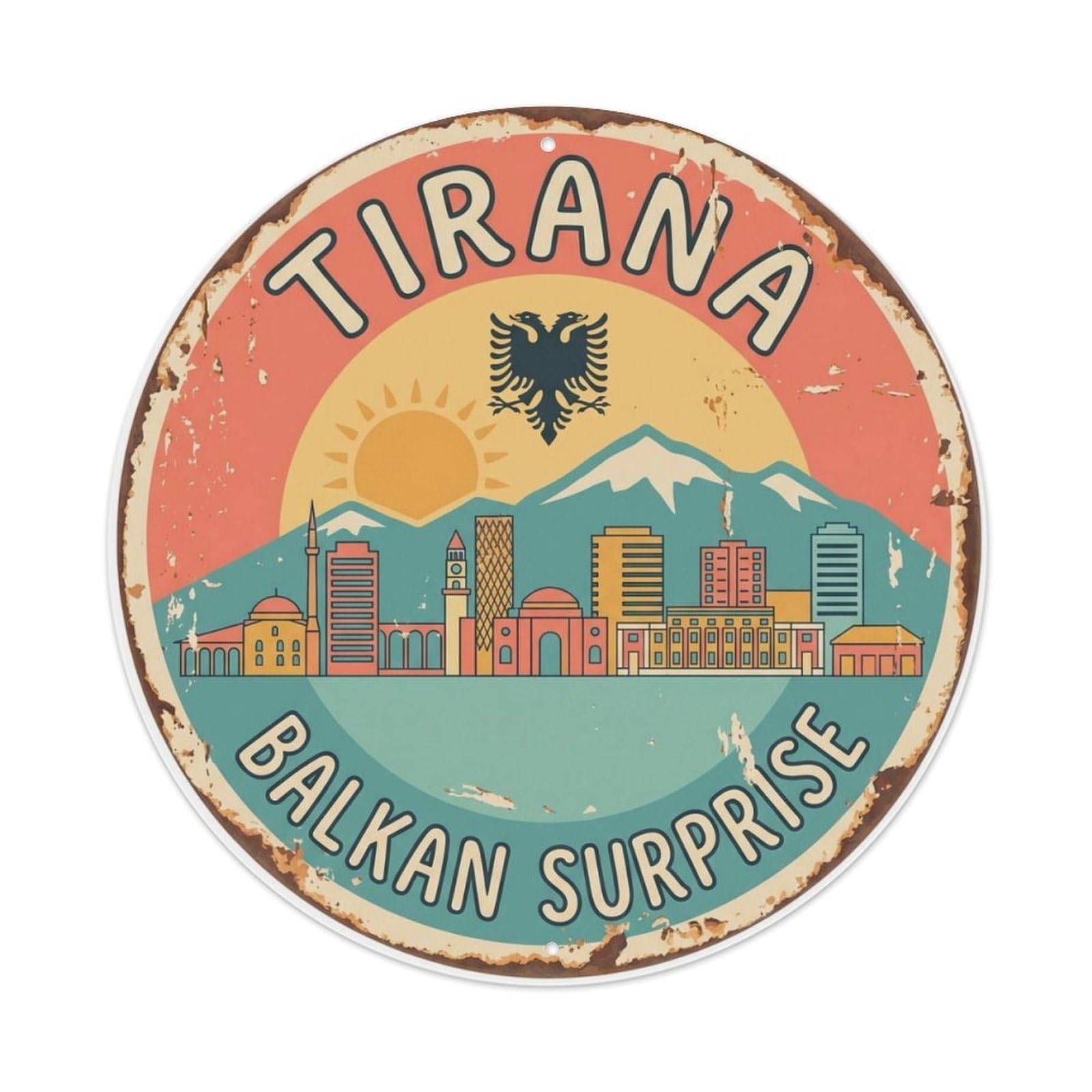 Vintage Travel Tirana Albania Colorful Metal Tin Sign Plaque Wall Decor for Cafe, Club Bar, Office, Home Garden Round Metal Poster 8x8Inch