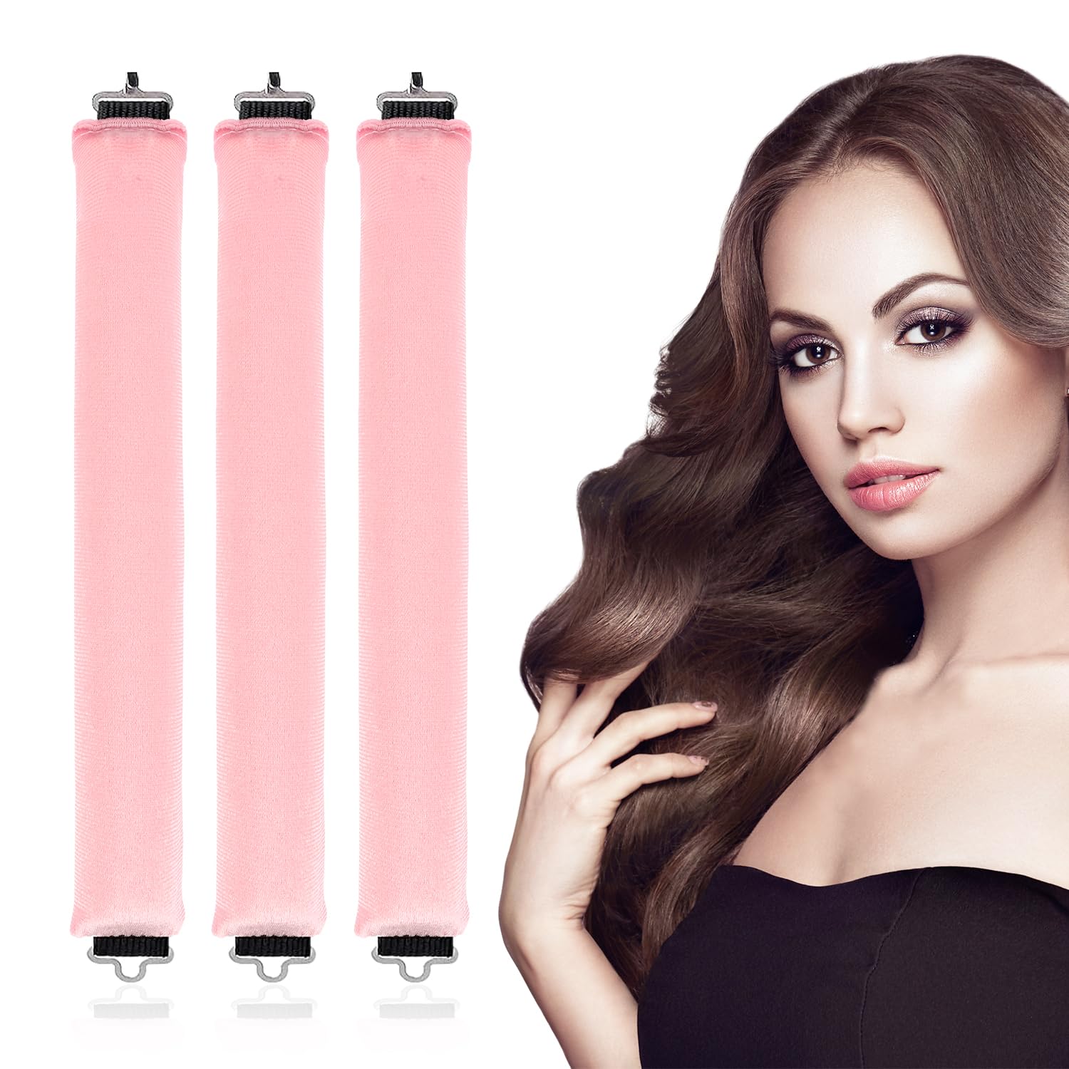 PEUTIER 3 Pezzi Bigodino Senza Calore, Flanella Morbida Onde Capelli Senza Calore Con Gancio Aste per Arricciare il Sonno Riccioli Senza Calore Durante la Notte, Nessun Danno ai Capelli (Rosa)